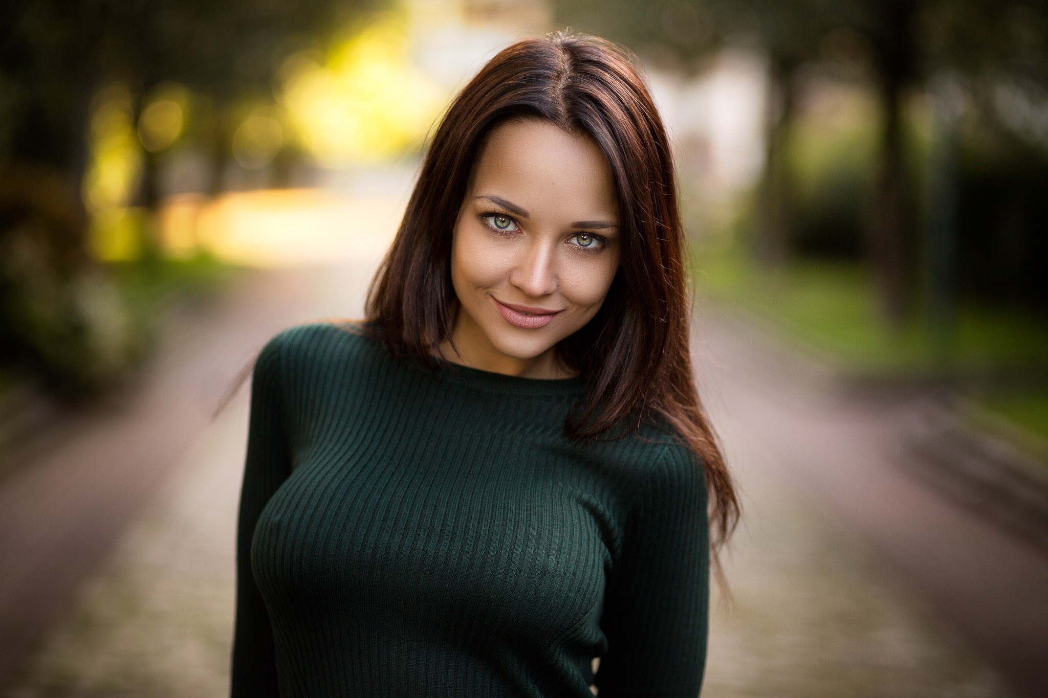 Women Model Smiling Portrait Depth Of Field Sweater Green Sweater 2048x1365