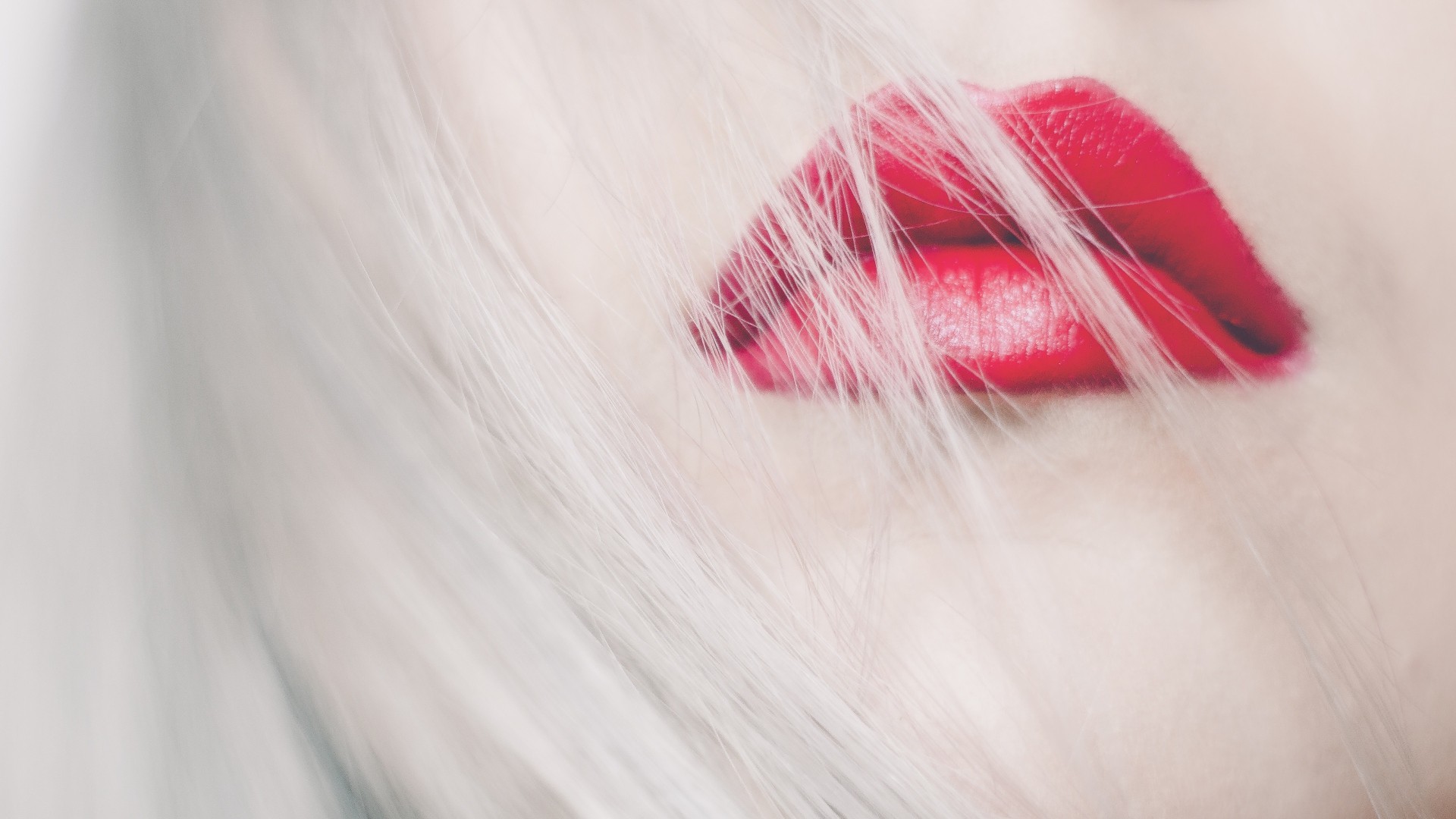 Women Model Blonde Long Hair Face Red Lipstick Hair In Face Closeup Gloss Lips Wallpaper