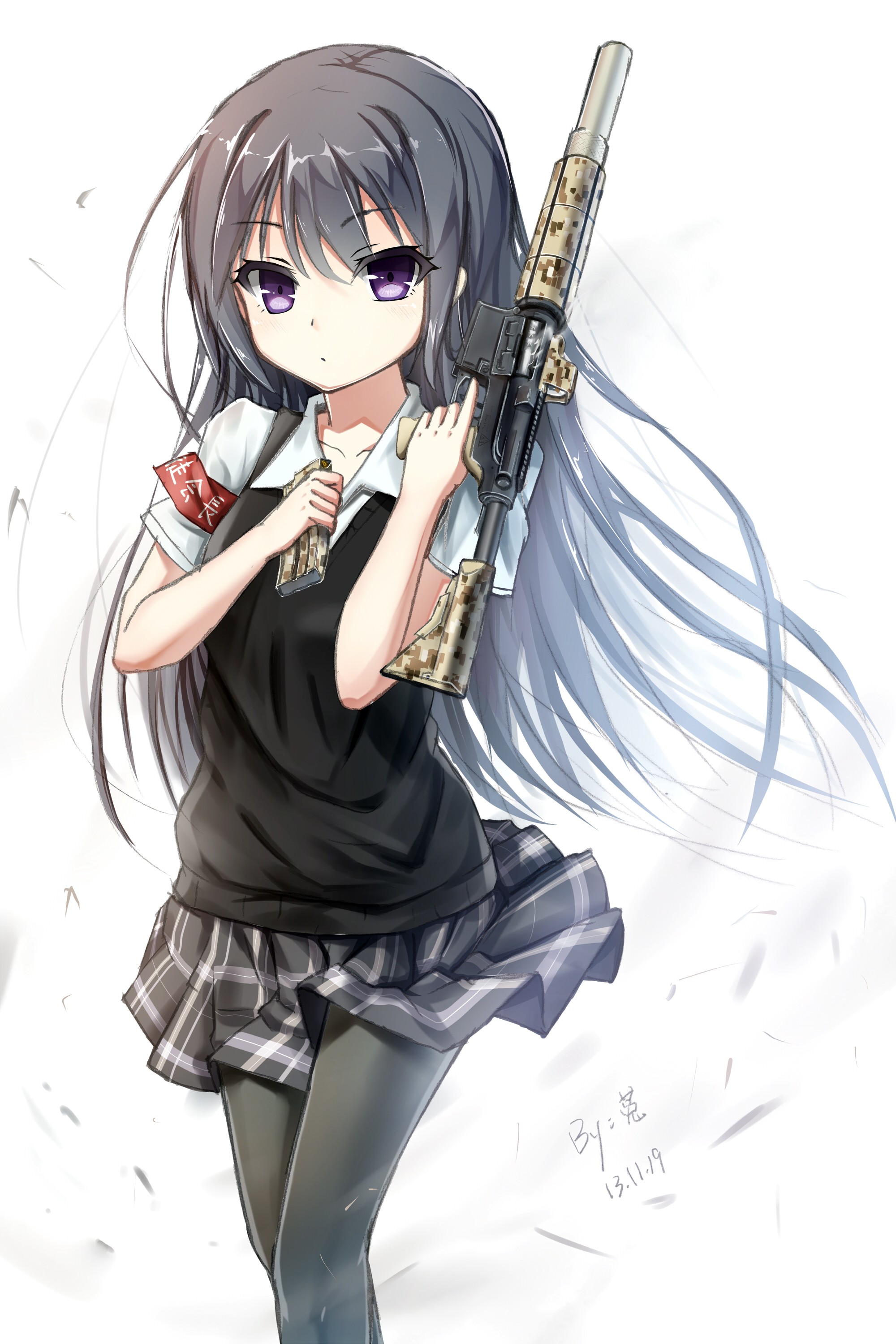 Anime Anime Girls Gun Weapon Long Hair Purple Eyes AR 15 2000x3000