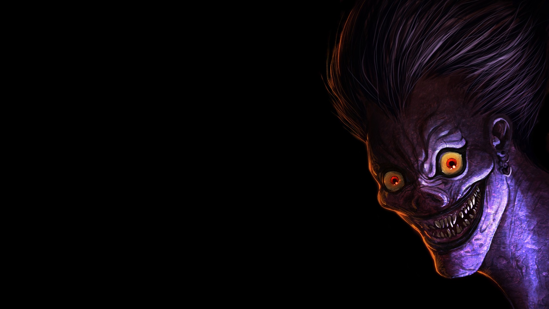Death Note Ryuk Anime Smiling Happy Face Red Eyes Looking At Viewer Artwork Black Background Purple 1920x1080