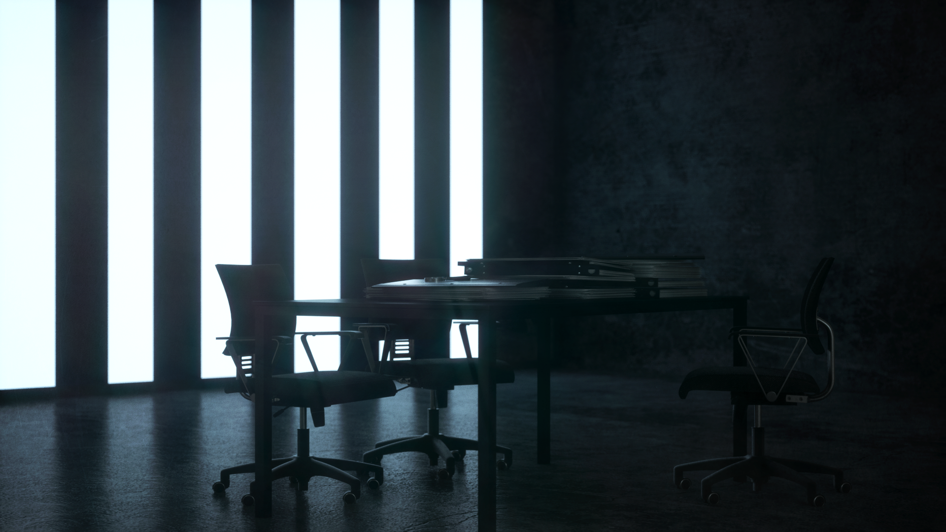CGi Digital Art Neon Glowing Neon Glow Office Chair Table Paper Stacked Reflection Shining Official  1920x1080