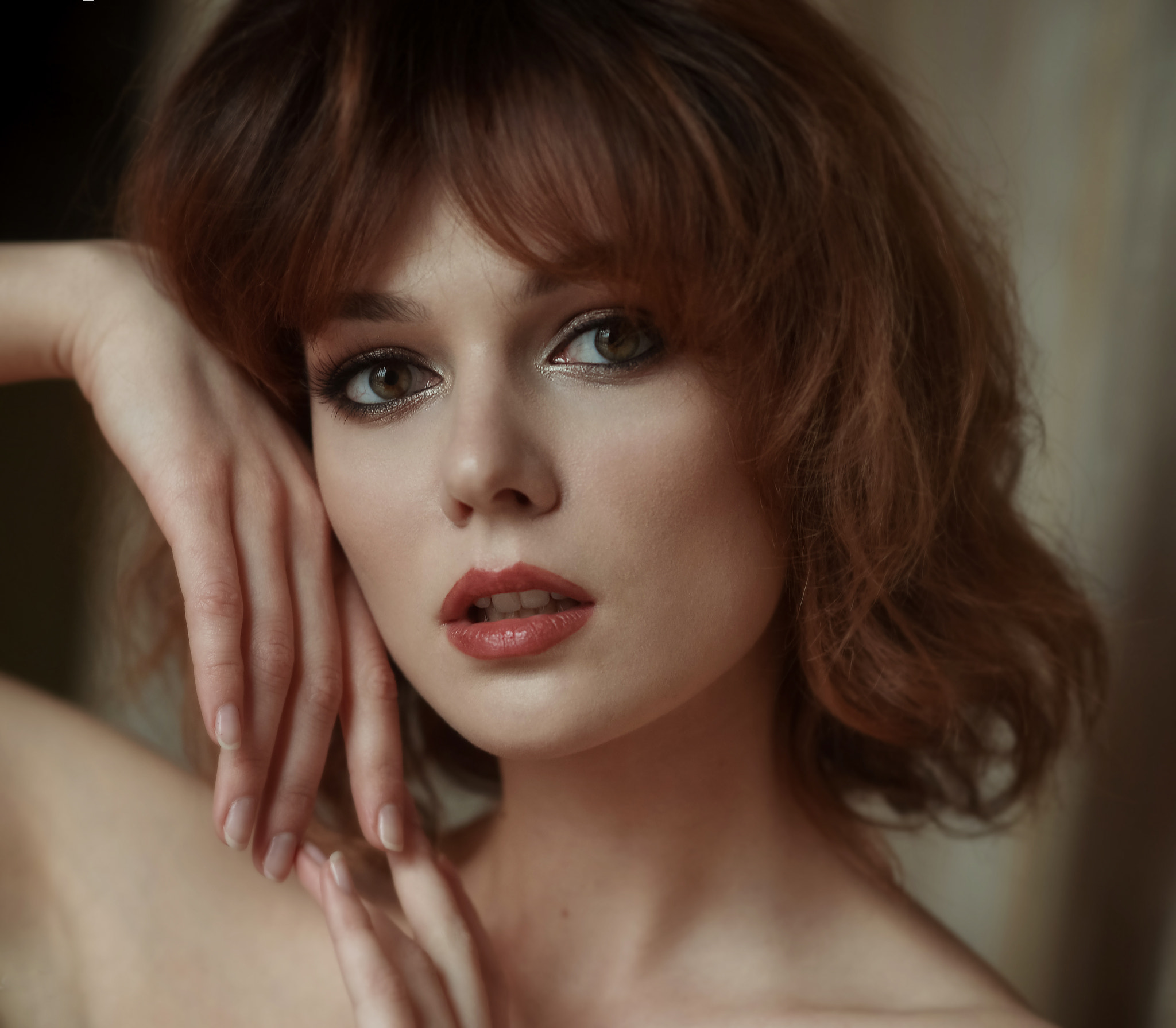 Dmitry Levykin Women Brunette Short Hair Makeup Eyeliner Eyeshadow Looking At Viewer Brown Eyes Open 2048x1791