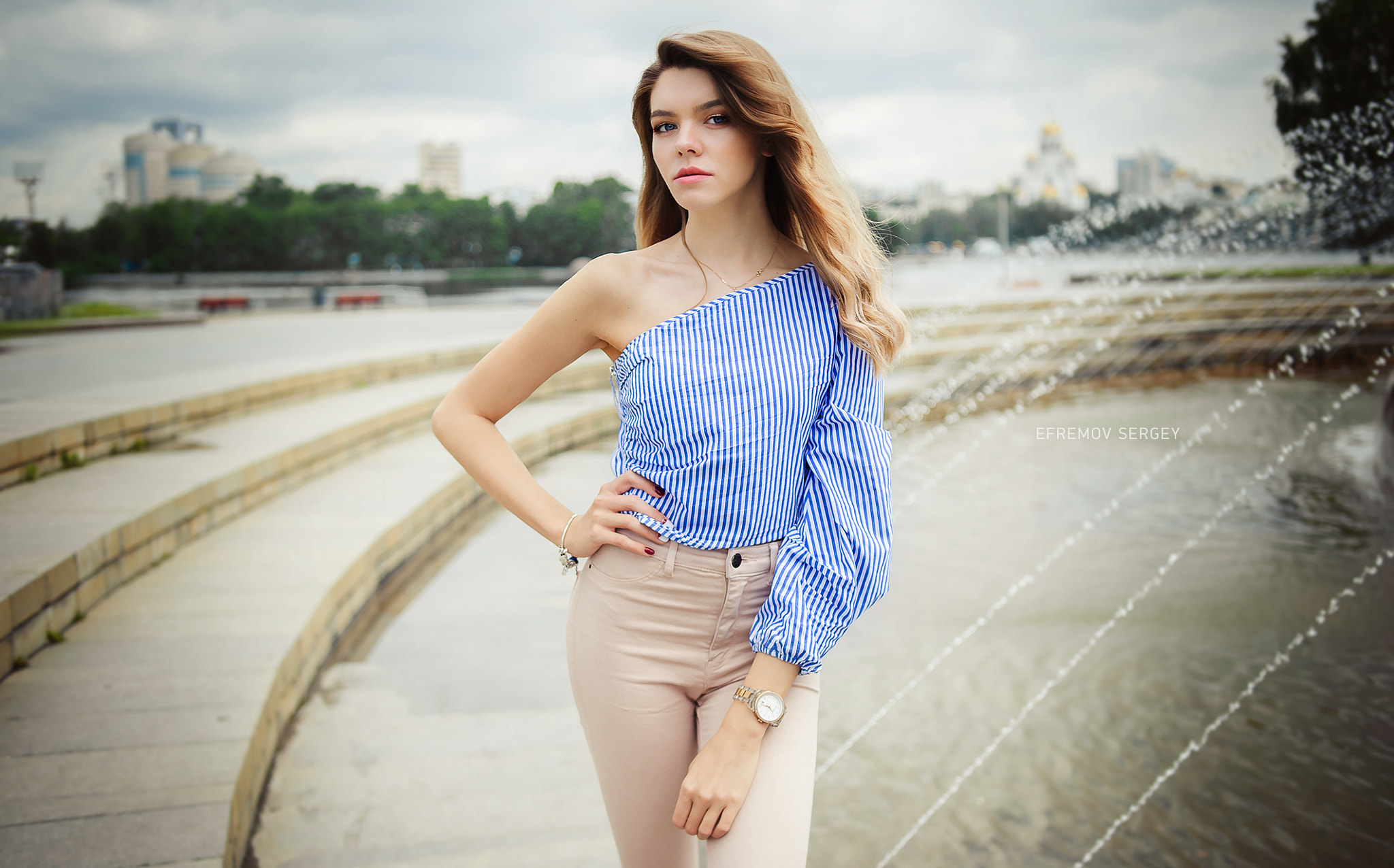 Women Blonde Blue Eyes Blue Shirt Looking At Viewer Red Nails Bokeh Sergey Efremov Victoria Hands On 2048x1276