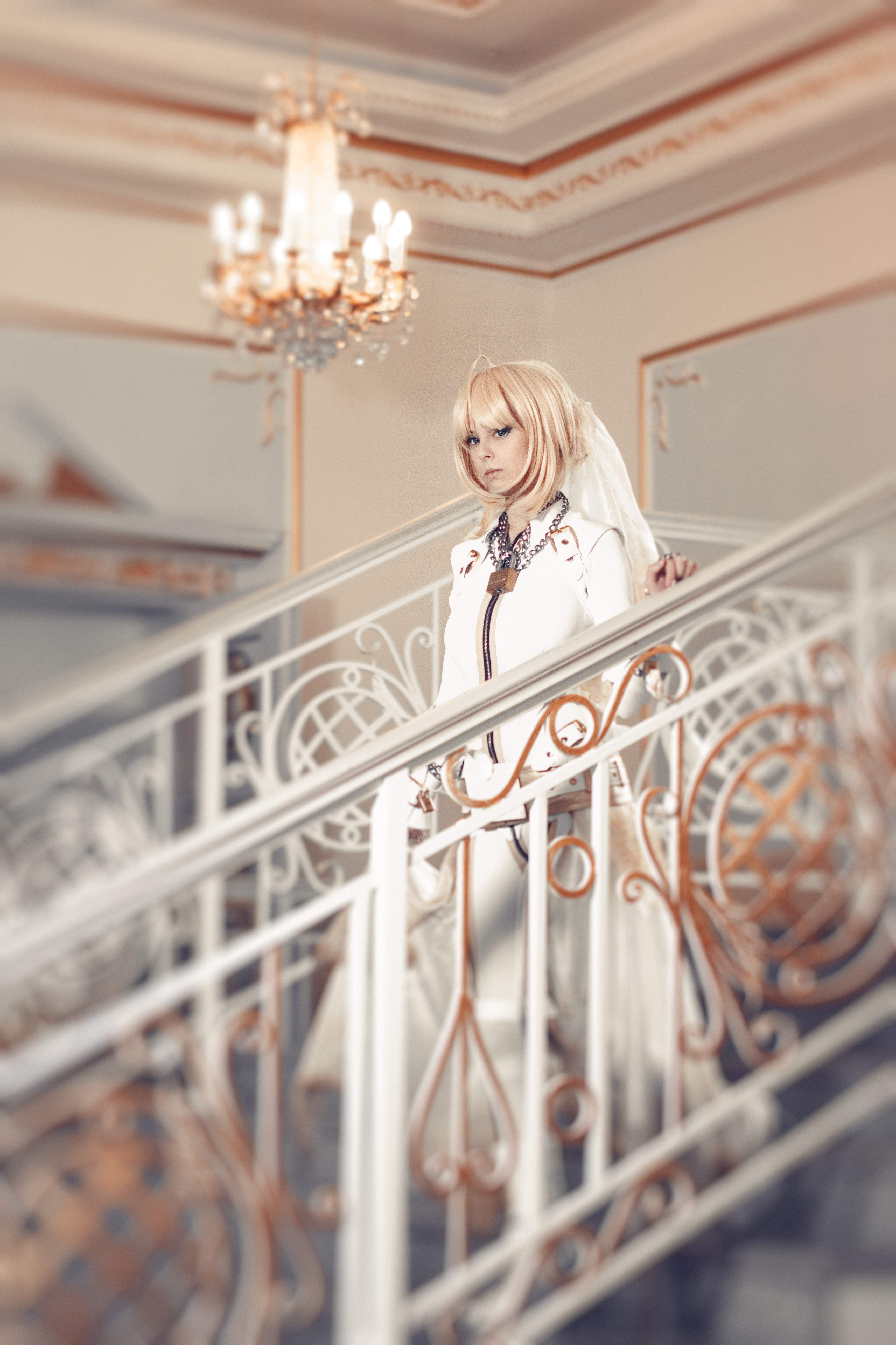 Suits Boots Cosplay Saber Bride Long Hair Blonde Blue Eyes Leather Boots Leather Clothing Stairs Hel 3456x5184