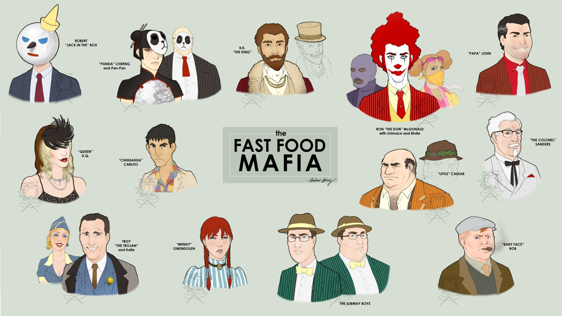 Ronald McDonald Mafia Artwork Fast Food McDonalds KFC Sushi Food Humor Infographics Collage 1920x1080