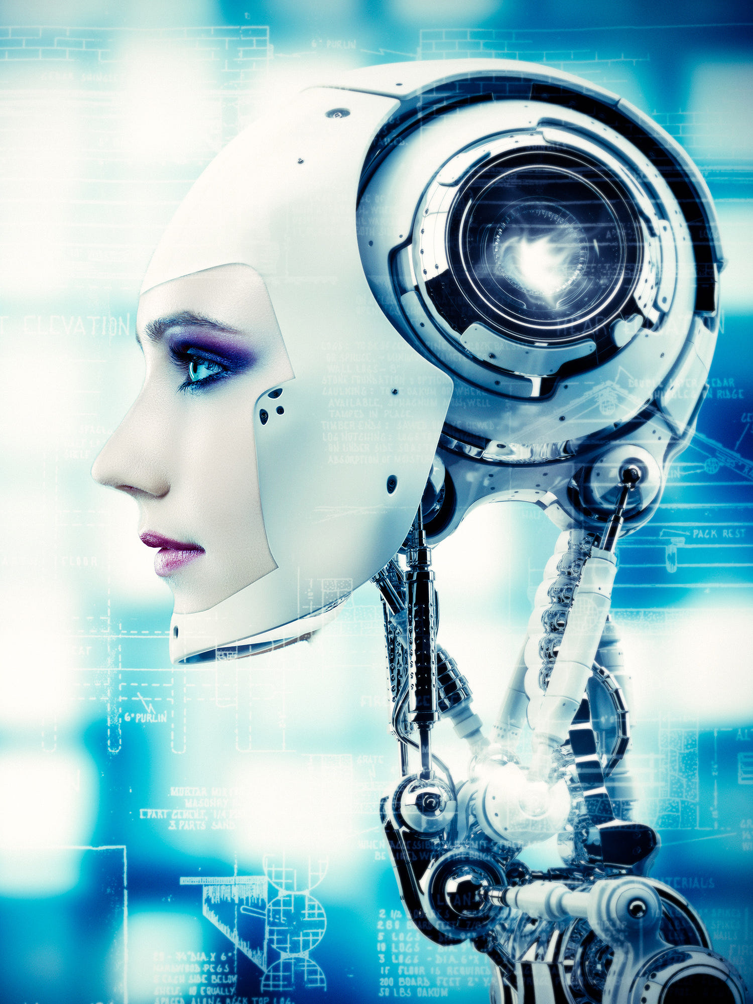 Profile Cyborg Cyberpunk Robot Face Makeup Eyeshadow Lipstick Blue Science Fiction Portrait Gynoid 1500x2000