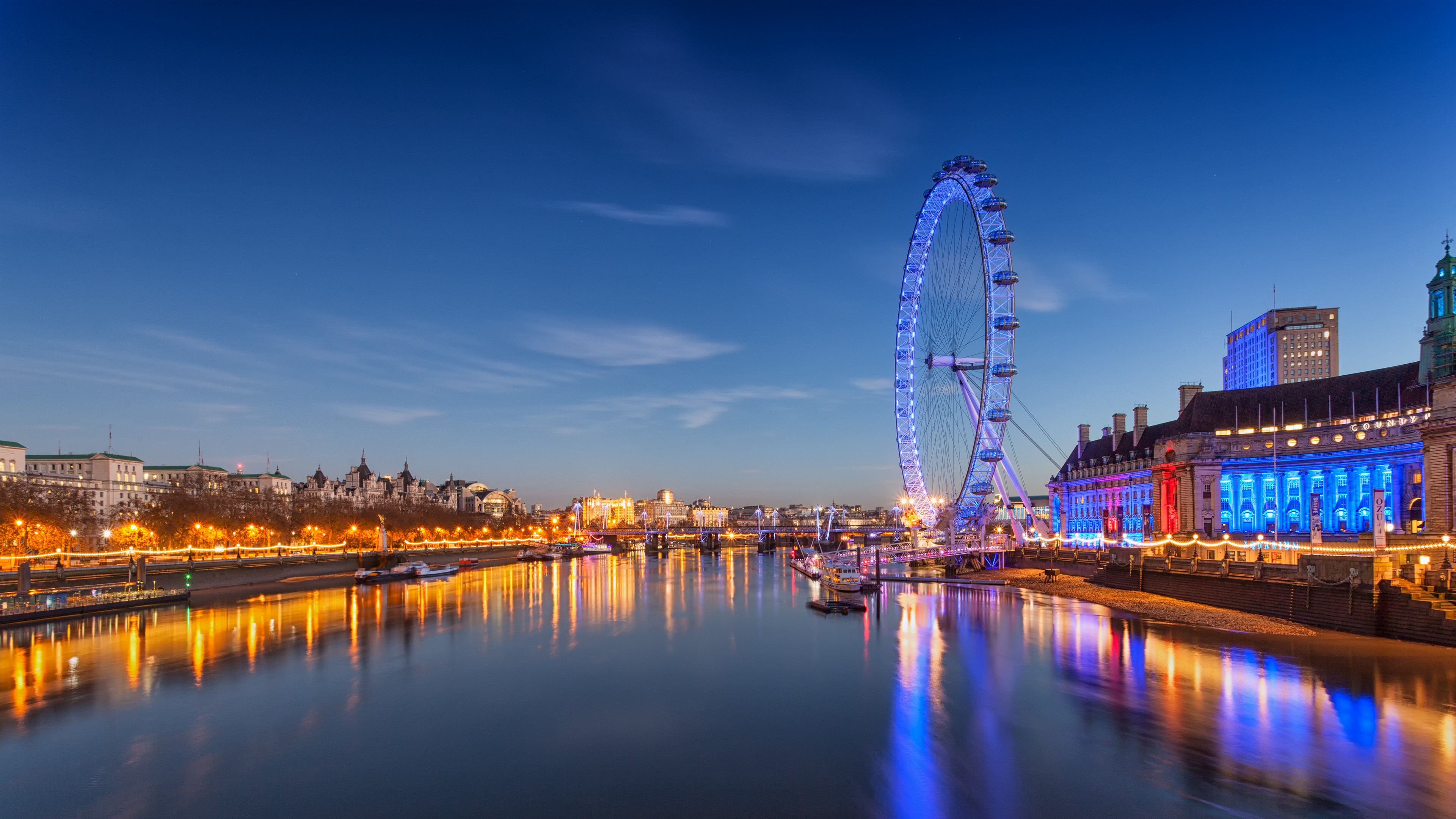River London London Eye Ferris Wheel Lights Reflection River Thames 3840x2160