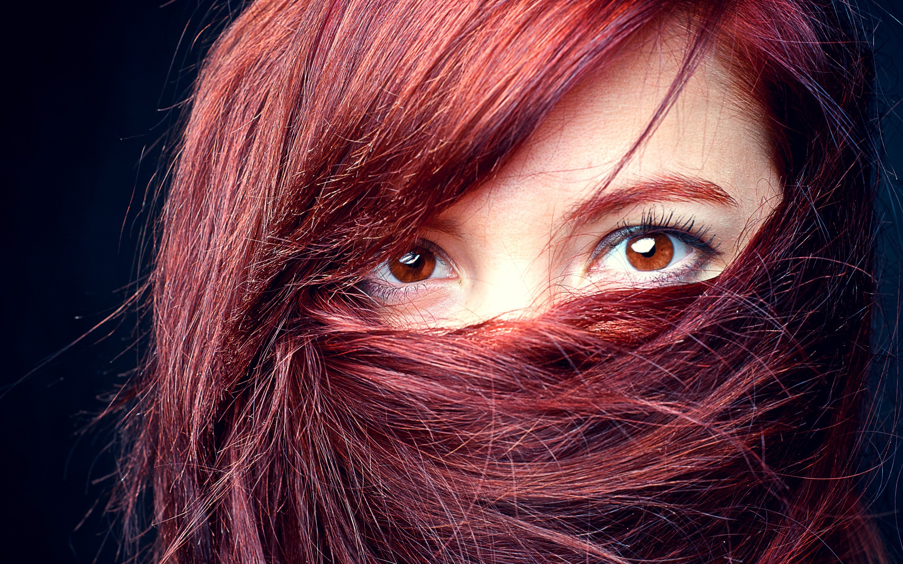 Women Redhead Covered Face Orange Eyes Dyed Eyebrows Closeup Eyes 2880x1800