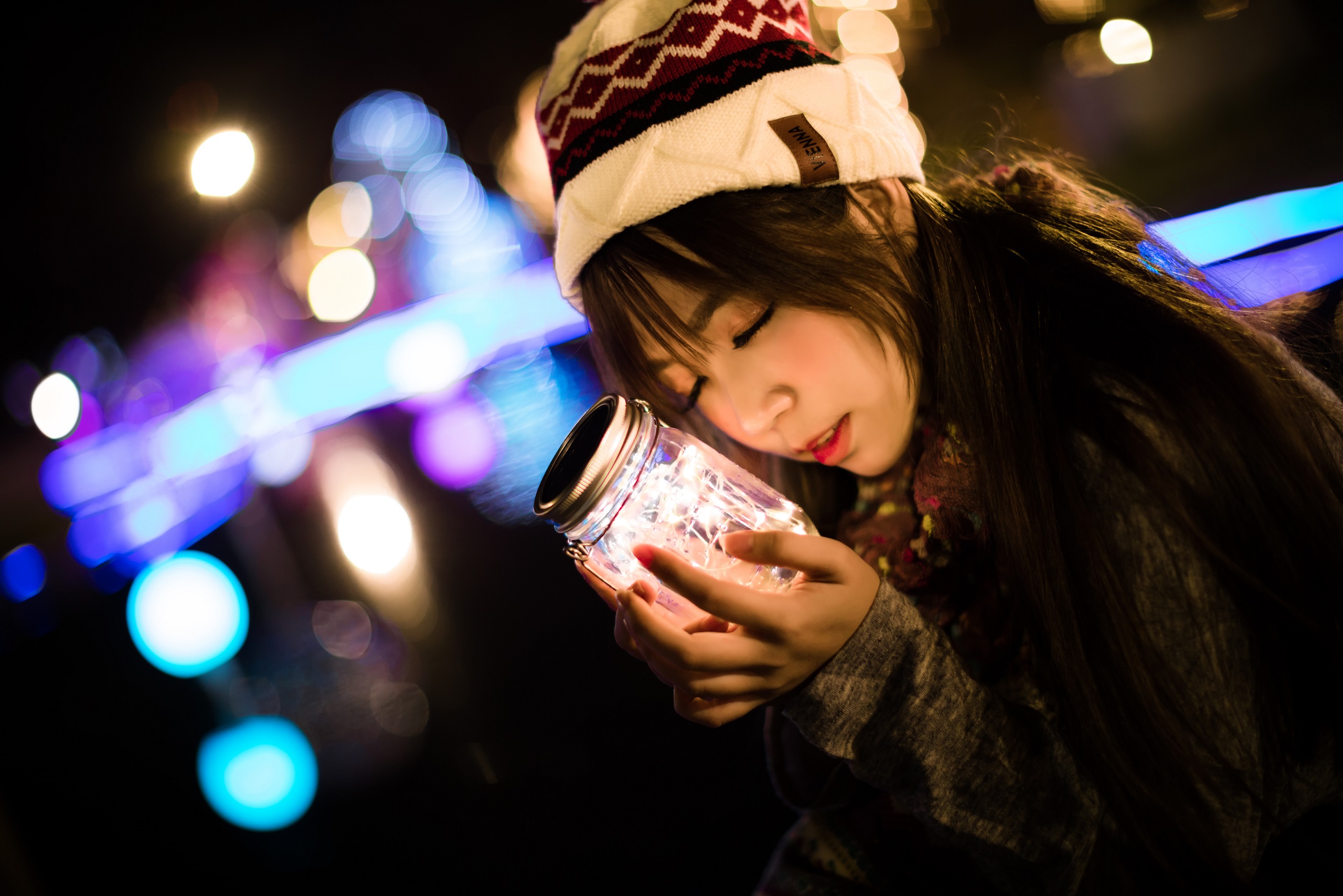 Asian Women Model Brunette Long Hair Closed Eyes Woolly Hat Scarf Sweater Hands Glass Jar Lights Nig 2560x1707