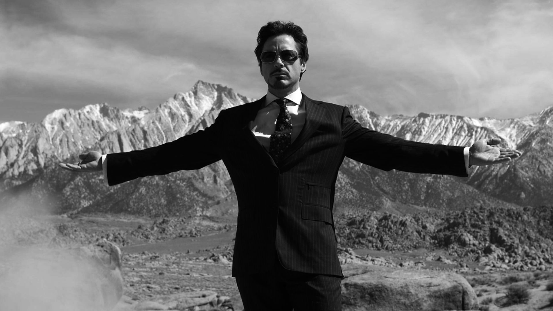 Actor Robert Downey Jr Celebrity Iron Man Black Suit Low Saturation Mountains Tony Stark Sunglasses 1920x1080