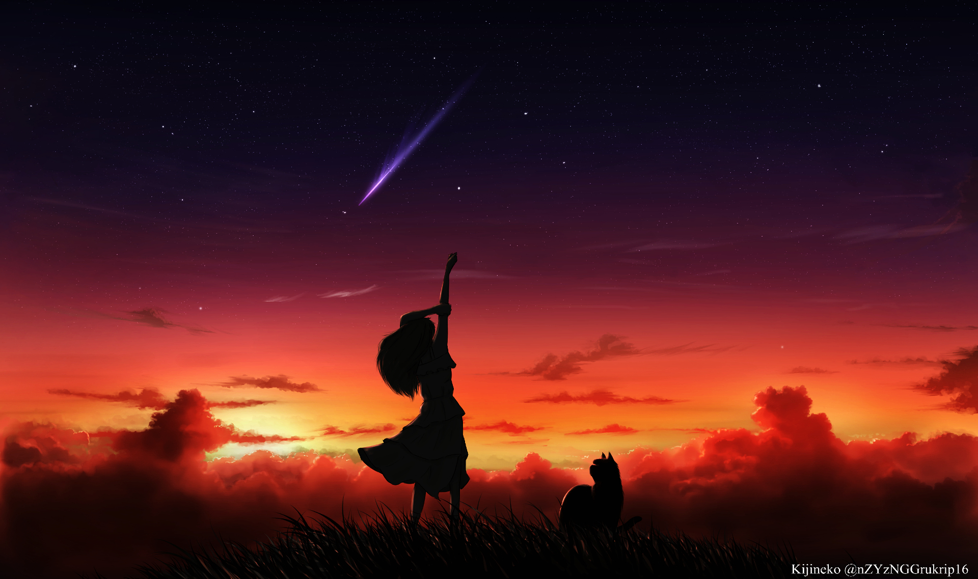 Cat Cloud Girl Silhouette Shooting Star Sky Sunset Stars 1920x1137