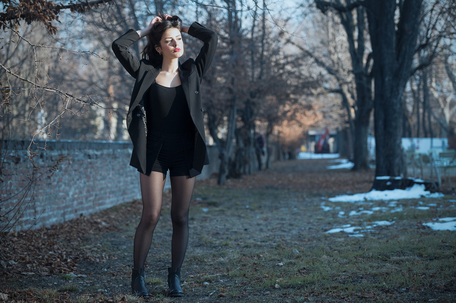 Brunette Model Women Outdoors Black Coat Hands On Head Black Clothing Black Tops Black Top Looking A 1600x1066