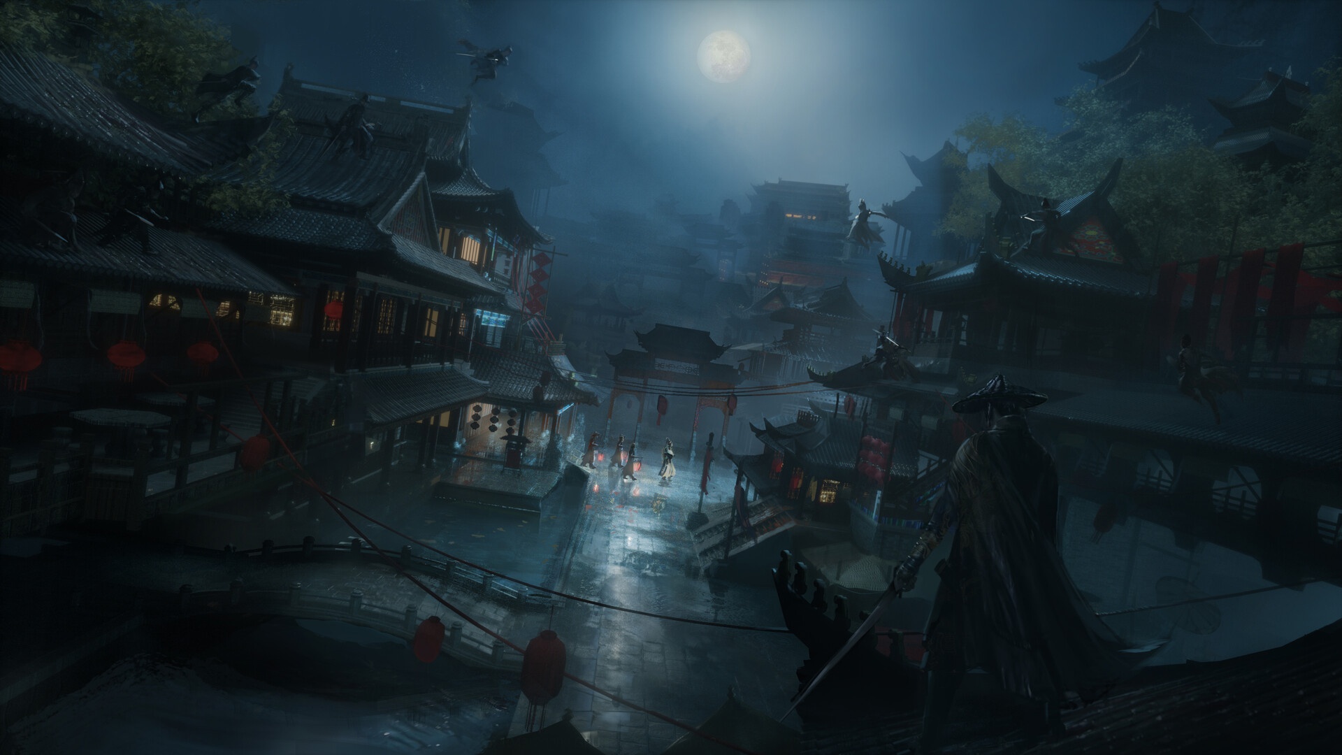 Asia Artwork Fantasy Art Fantasy City Night Moon WuXia Chinese Architecture Village 1920x1080