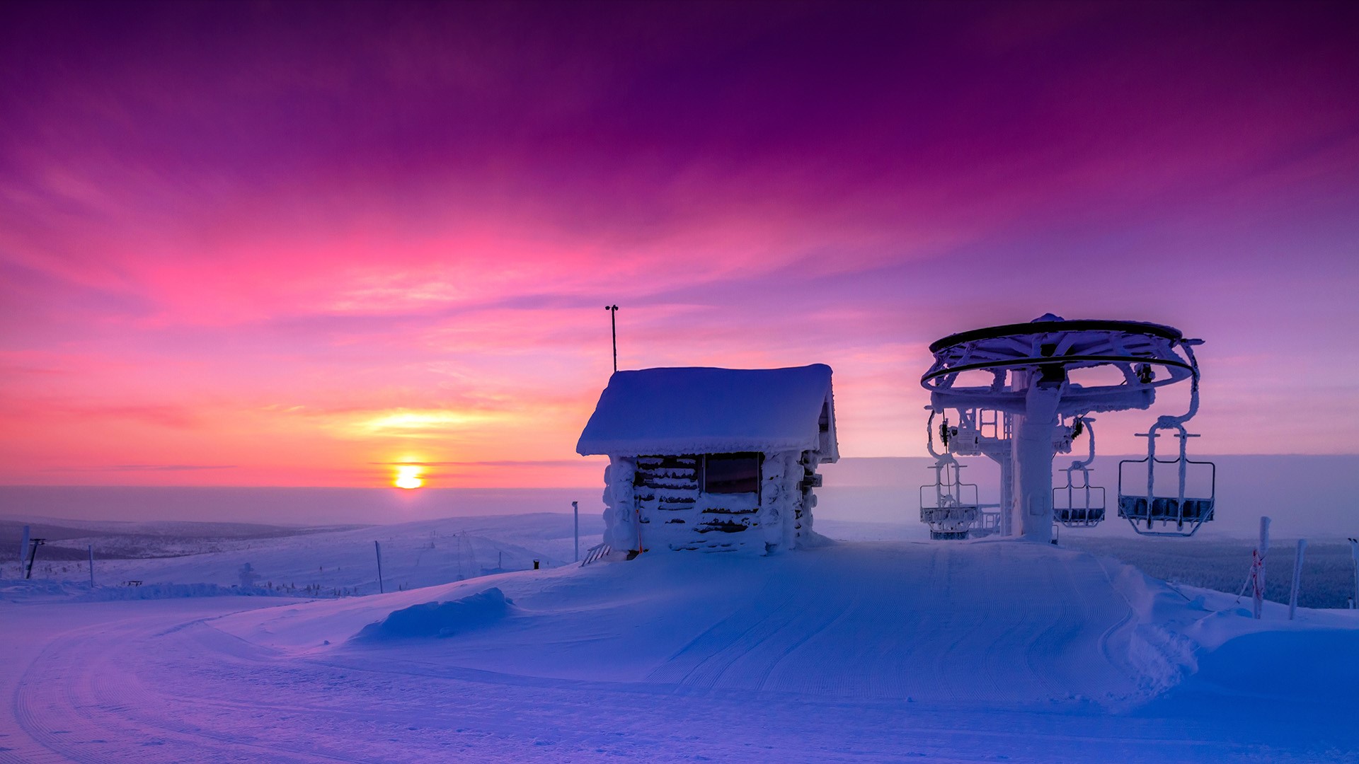 Sunrise Frozen Water Clouds Sun Horizon Path Snow Finland Saariselka Ropeway 1920x1080