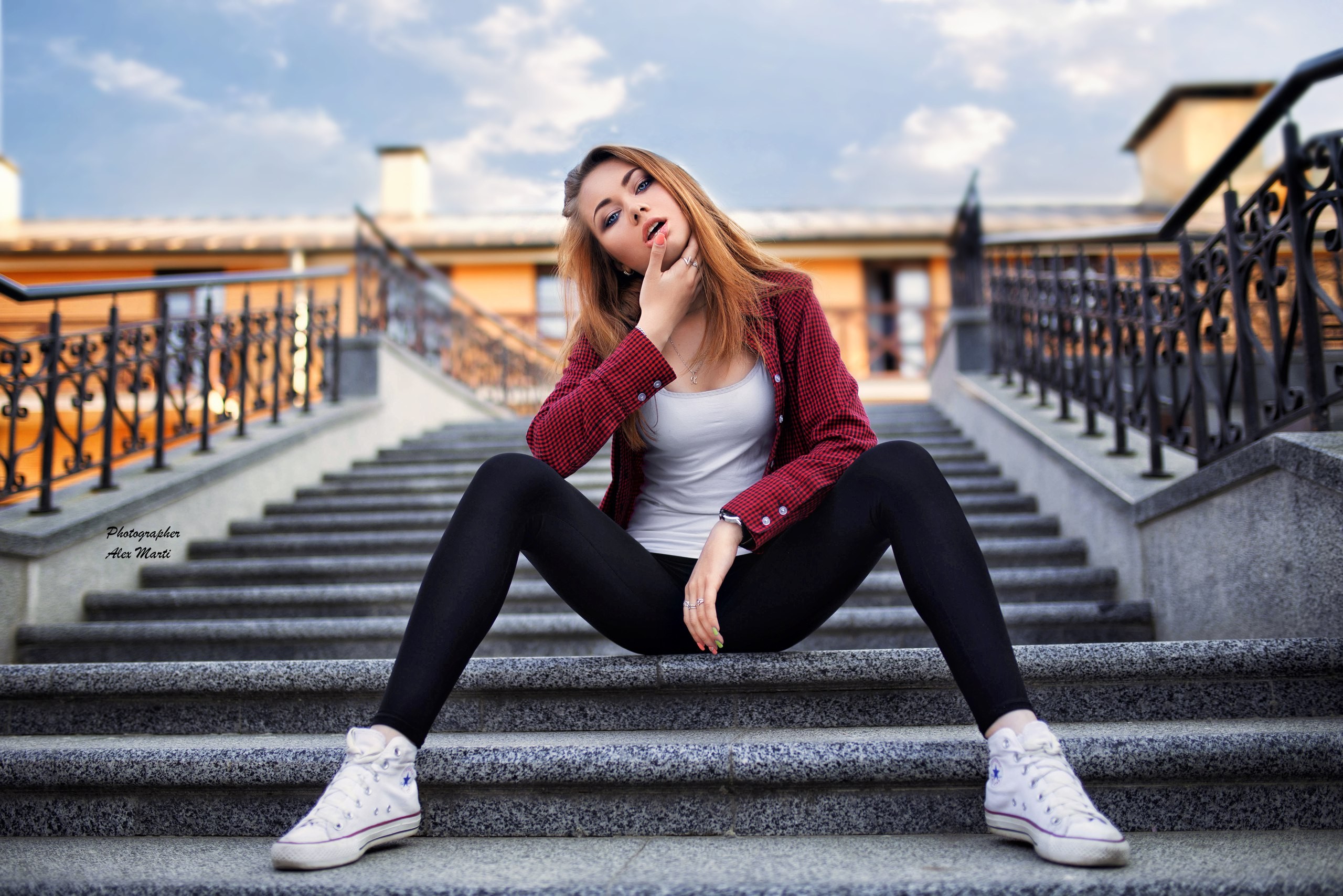 Women Model Stairs Redhead Finger On Lips Converse Yana Rzheusskaya T