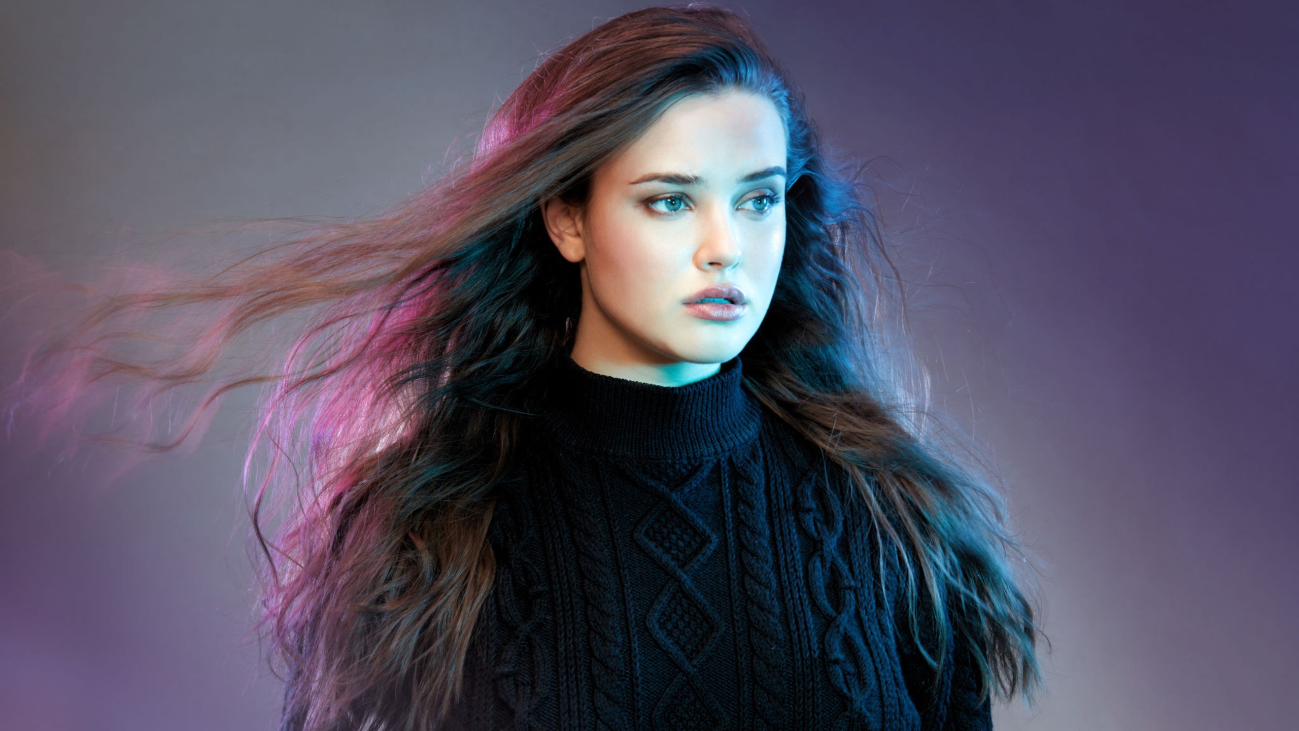 Katherine Langford Model Brunette Actress Sweater Black Sweater Long Hair Looking Into The Distance  2560x1440