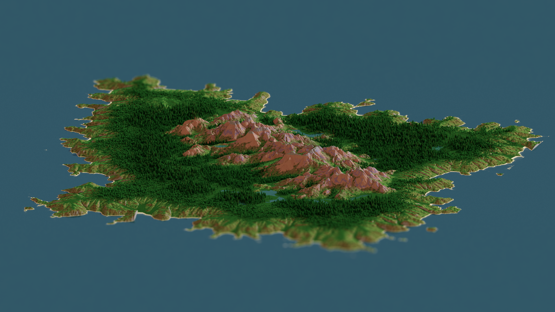 Minecraft Render Render Render Chunky Island Mountains Forest Sea Lake Video Games 1920x1080
