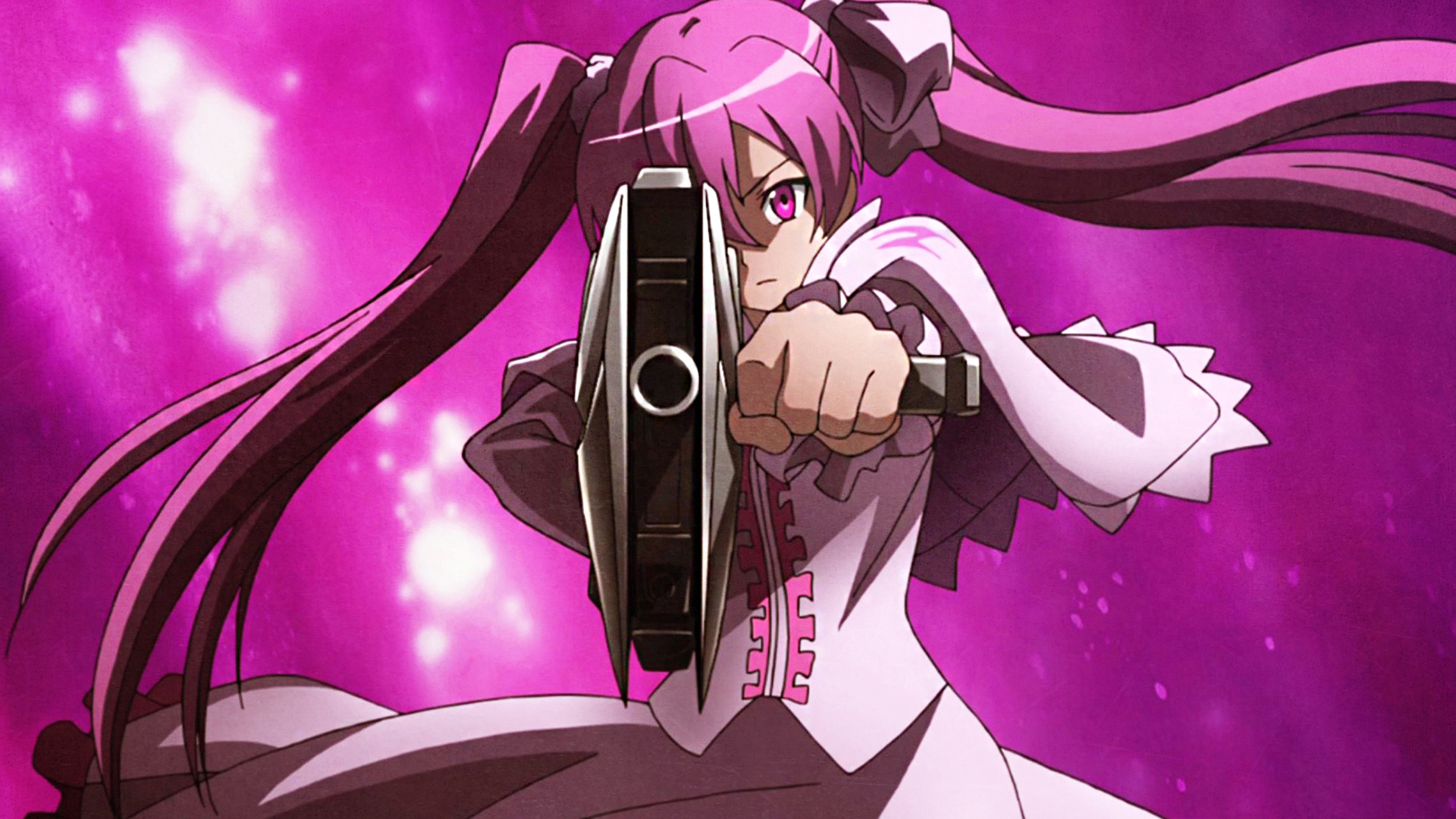 Akame Ga Kill Mine Akame Ga Kill Gun Weapon Pink Eyes Pink Hair Long Hair Twintails Dress Pink Dress 1920x1080