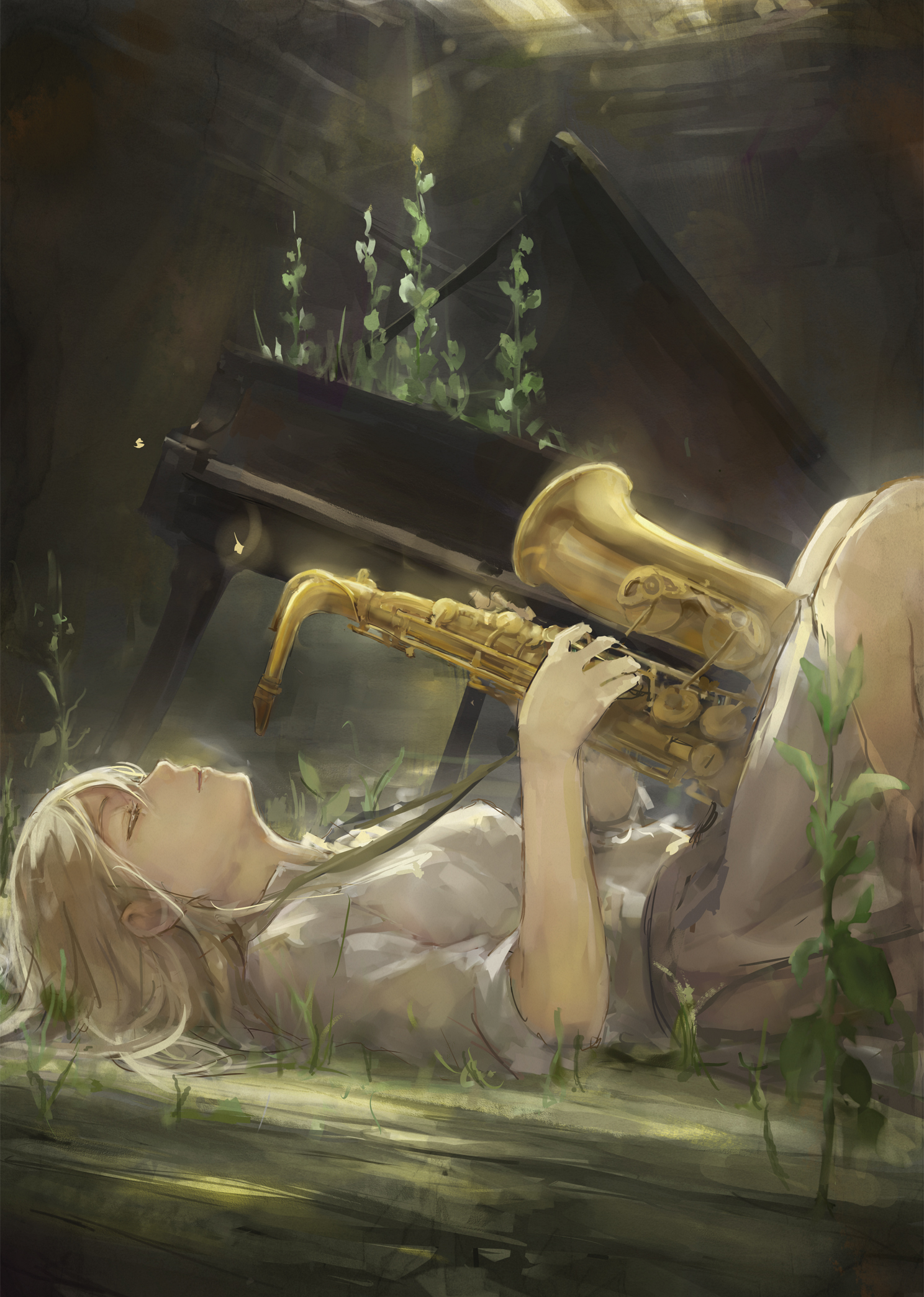 Anime Anime Girls Musical Instrument Saxophones Piano Closed Eyes 1488x2088