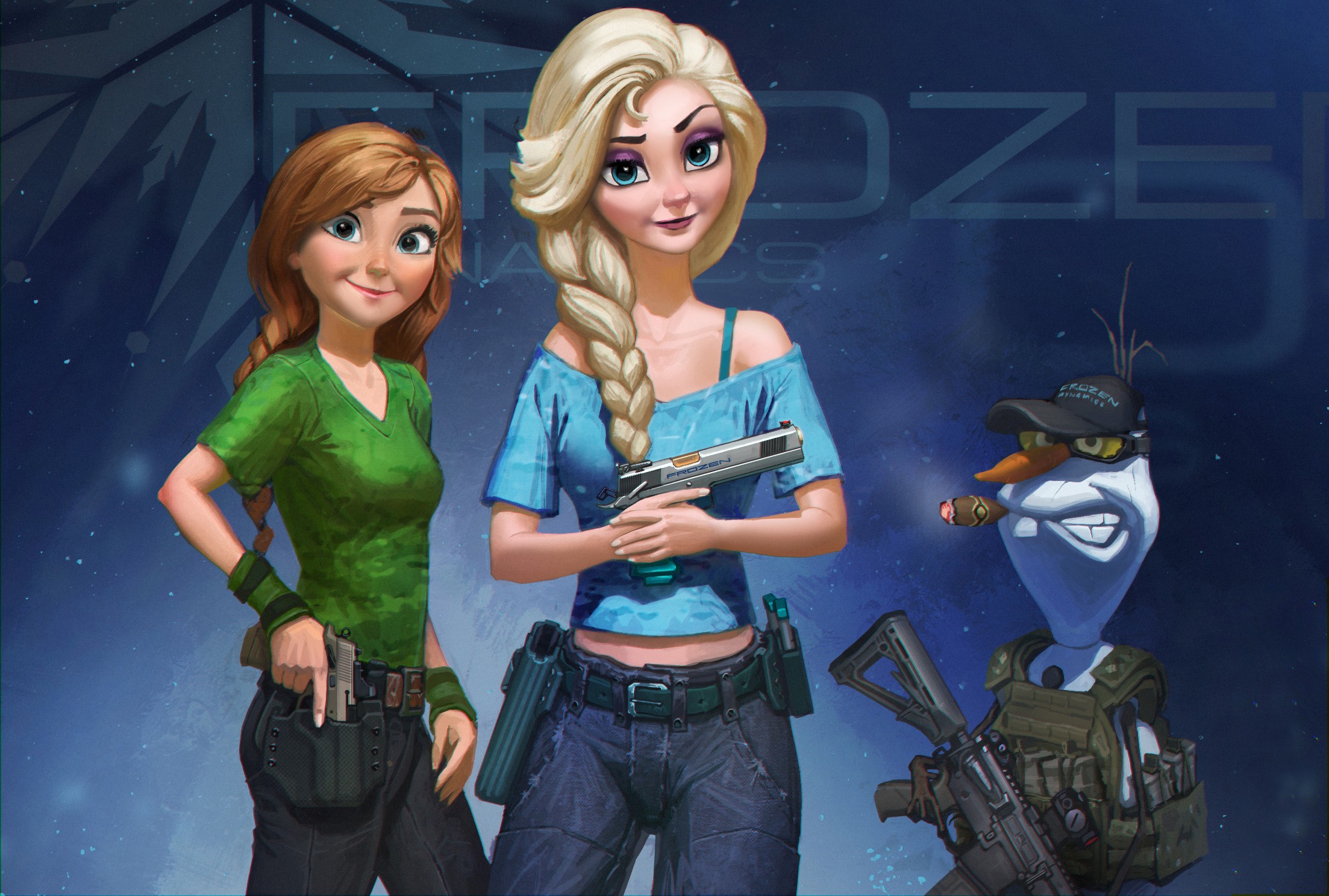 Fan Art Frozen Movie Princess Elsa Girls With Guns Olaf Princess Anna 2206x1488