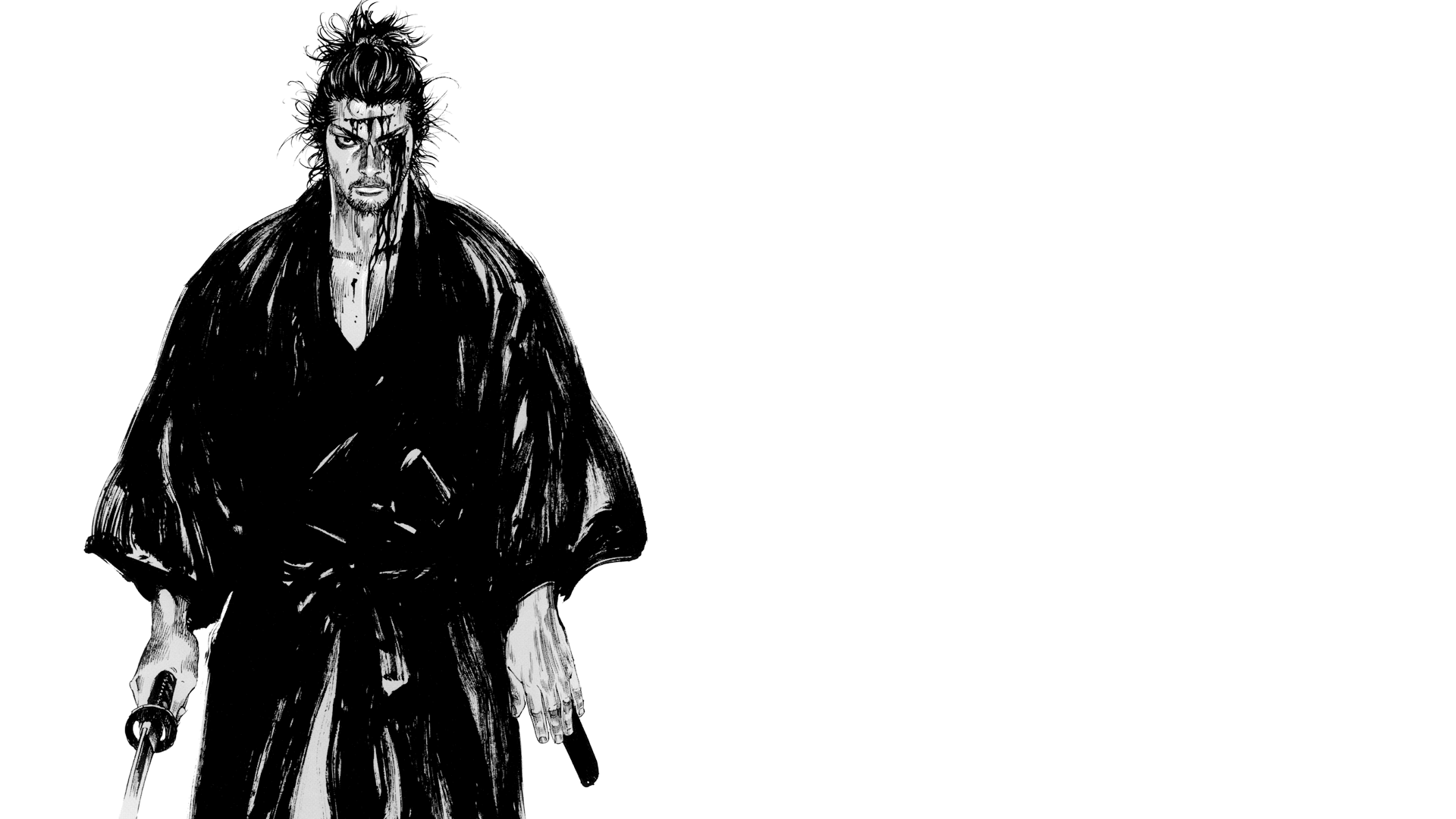 Vagabond Samurai Miyamoto Musashi Japan Kimono Simple Background Manga Monochrome Katana 1920x1080