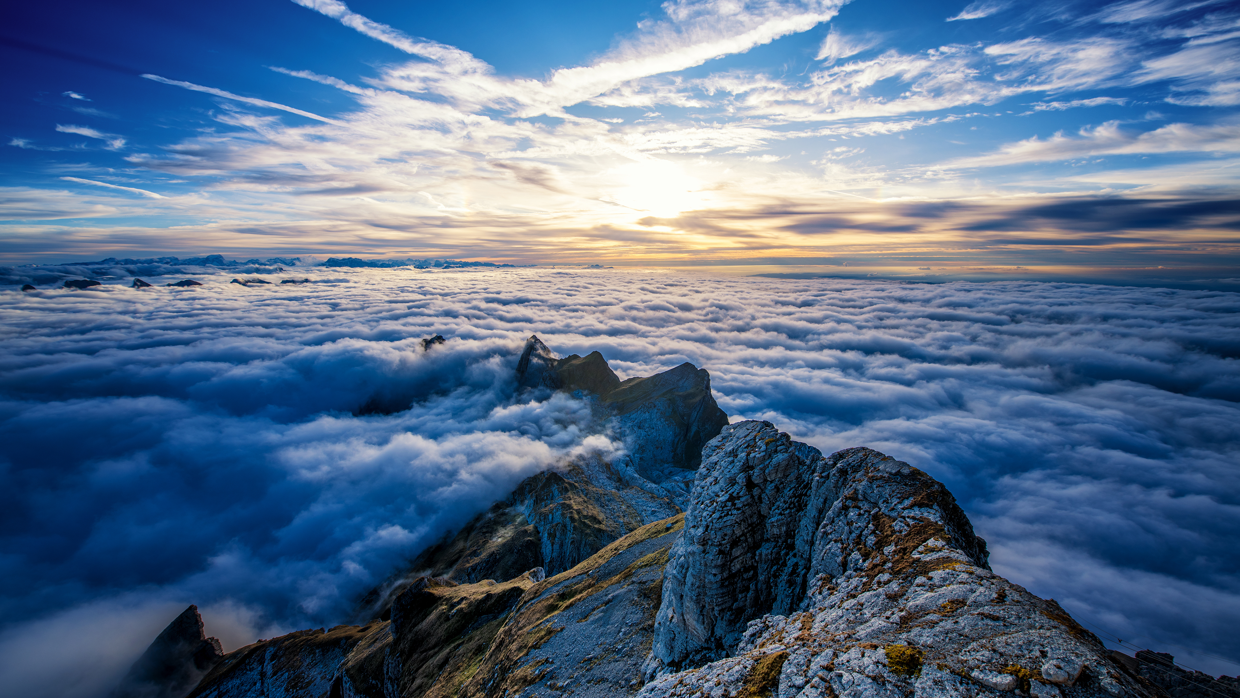 Landscape Horizon Clouds Sunrise Mountain Top Switzerland Mountains Sun Rays Sky HDR Dominic Kamp 4096x2304