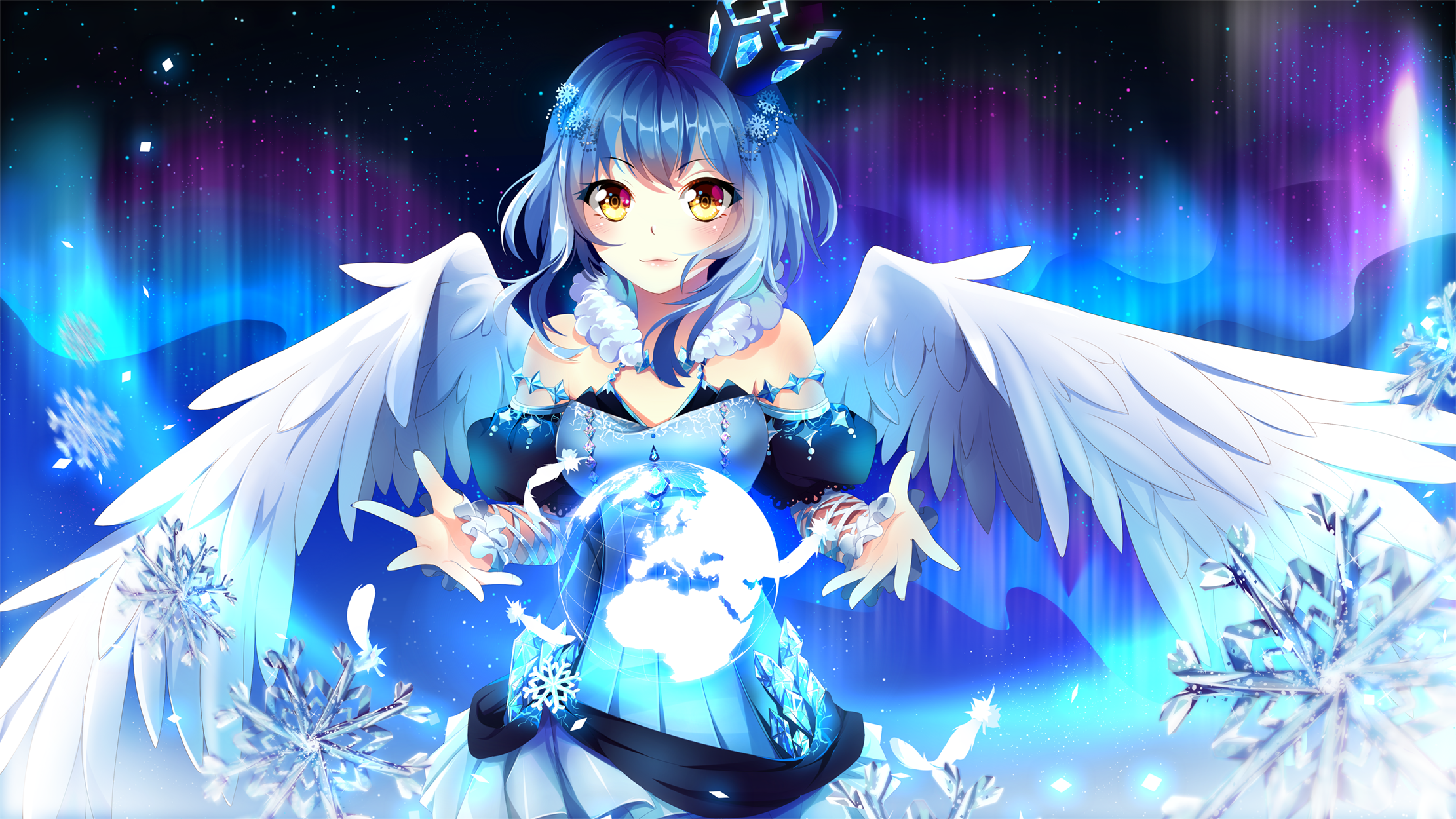 Wings Yellow Eyes Blue Dress Ice Crystals Blue Hair 2222x1250