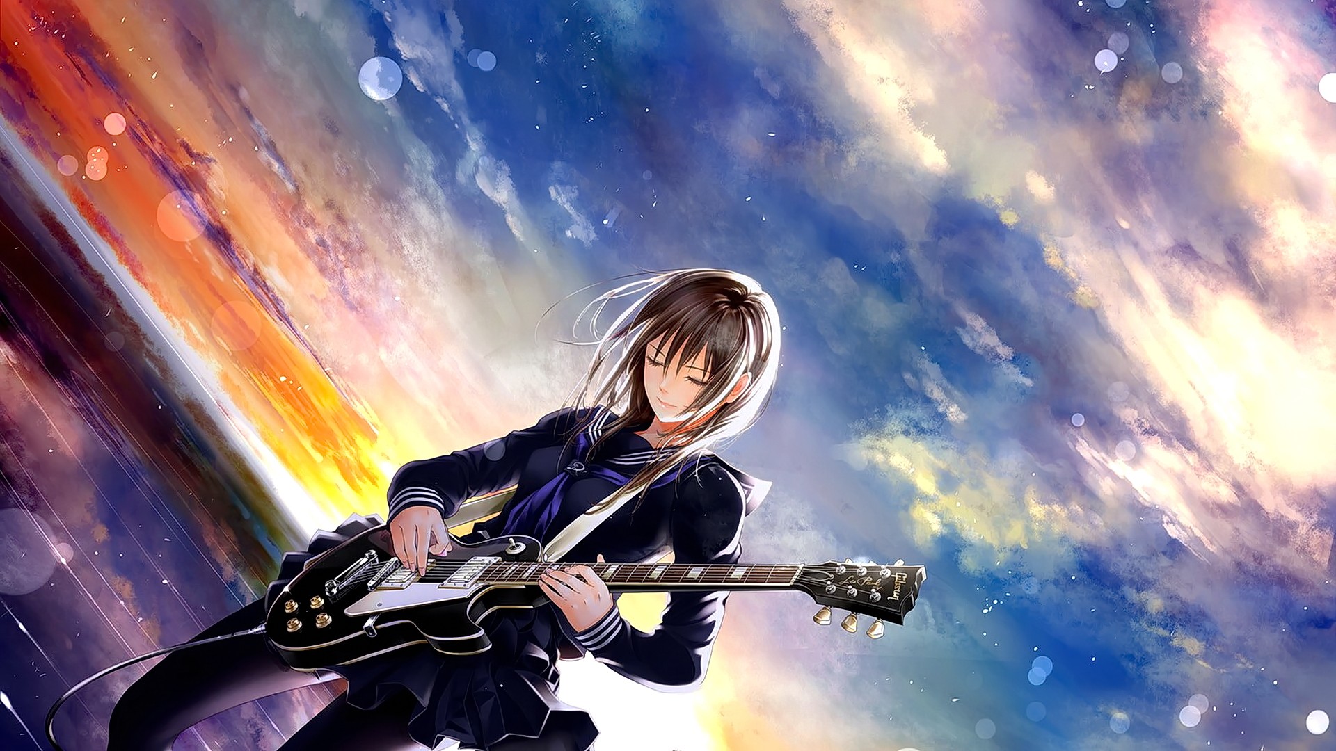 Anime Anime Girls Brunette Short Hair Closed Eyes Musical Instrument Sky Clouds Guitar Les Paul 1920x1080