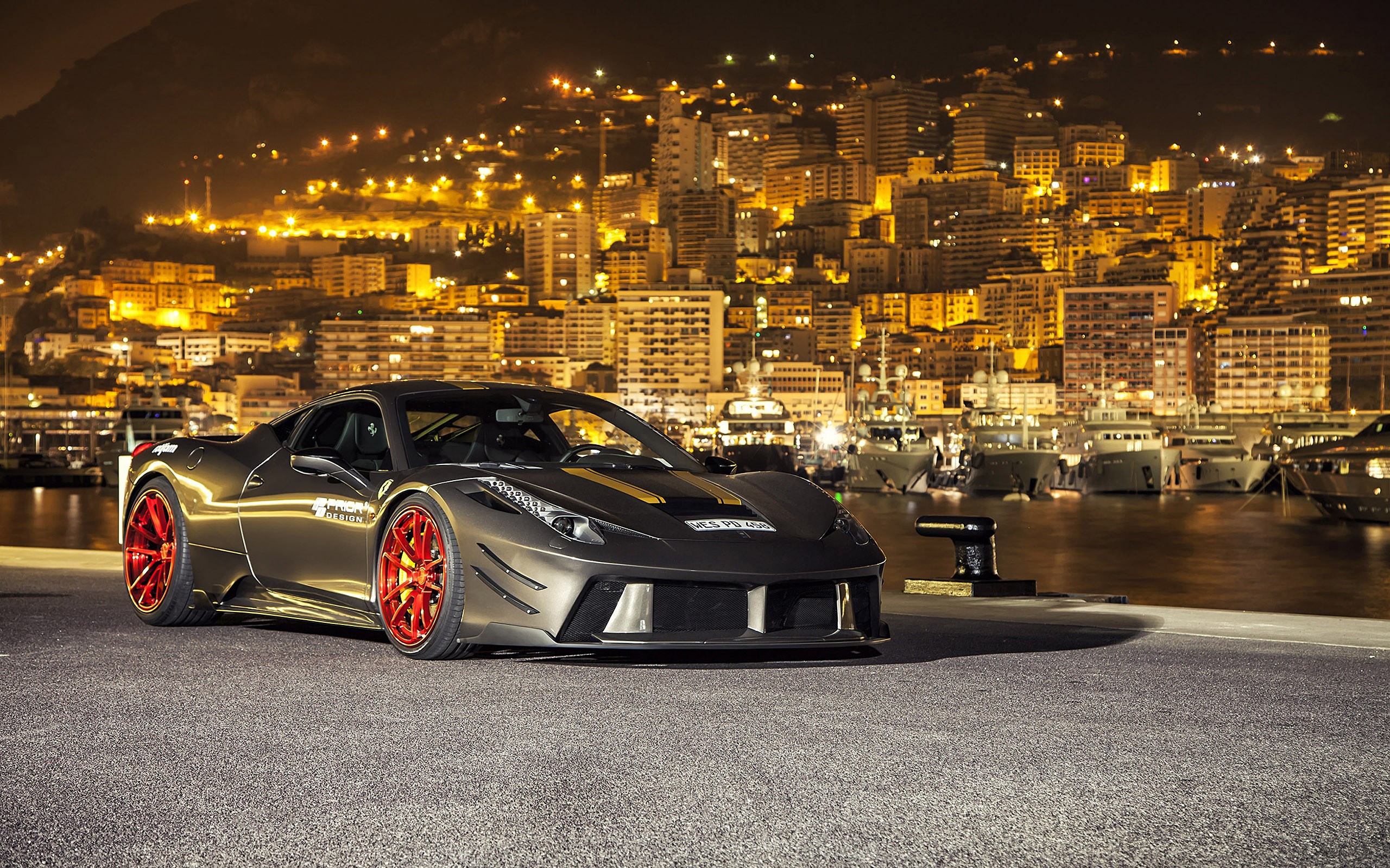 Car Sports Car Super Car Ferrari 458 Night Monaco Bay City Lights Yachts Hills Prior Design Ferrari  2560x1600