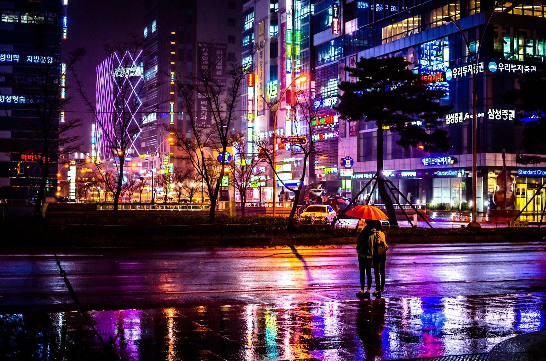Cityscape Umbrella South Korea South Korea Night Rain Street Busan Night Neon Reflection 1737x1150