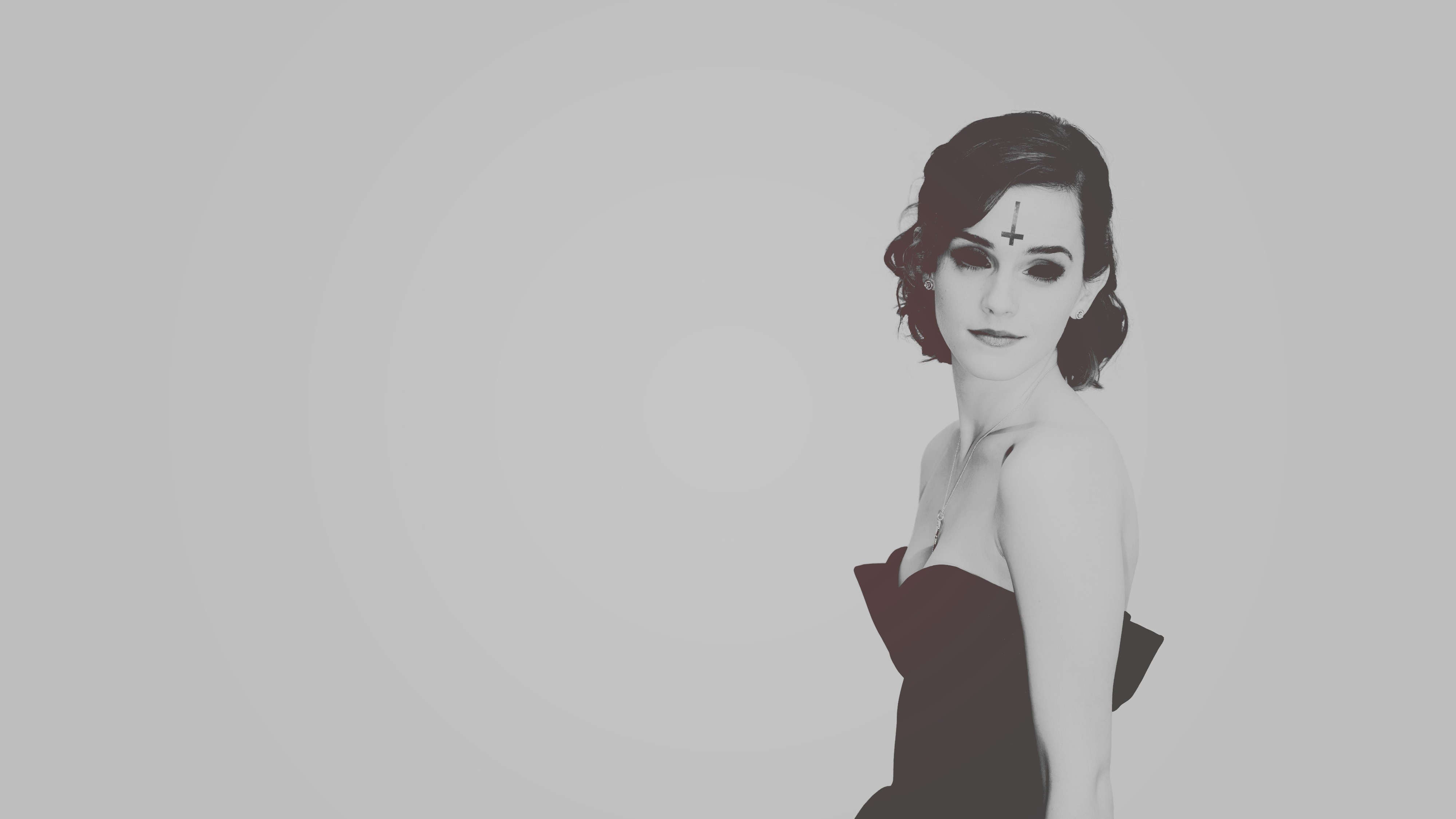 Photo Manipulation Emma Watson Satanic Inverted Cross Black Sclera Simple Background Gray Monochrome 4000x2250