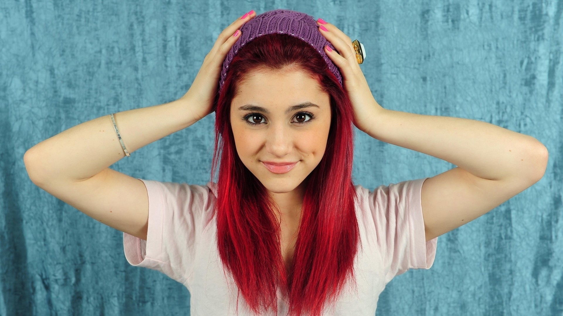 Ariana Grande Redhead Hands On Head Woolly Hat Women Brown Eyes Knit Hat Smiling 1920x1080
