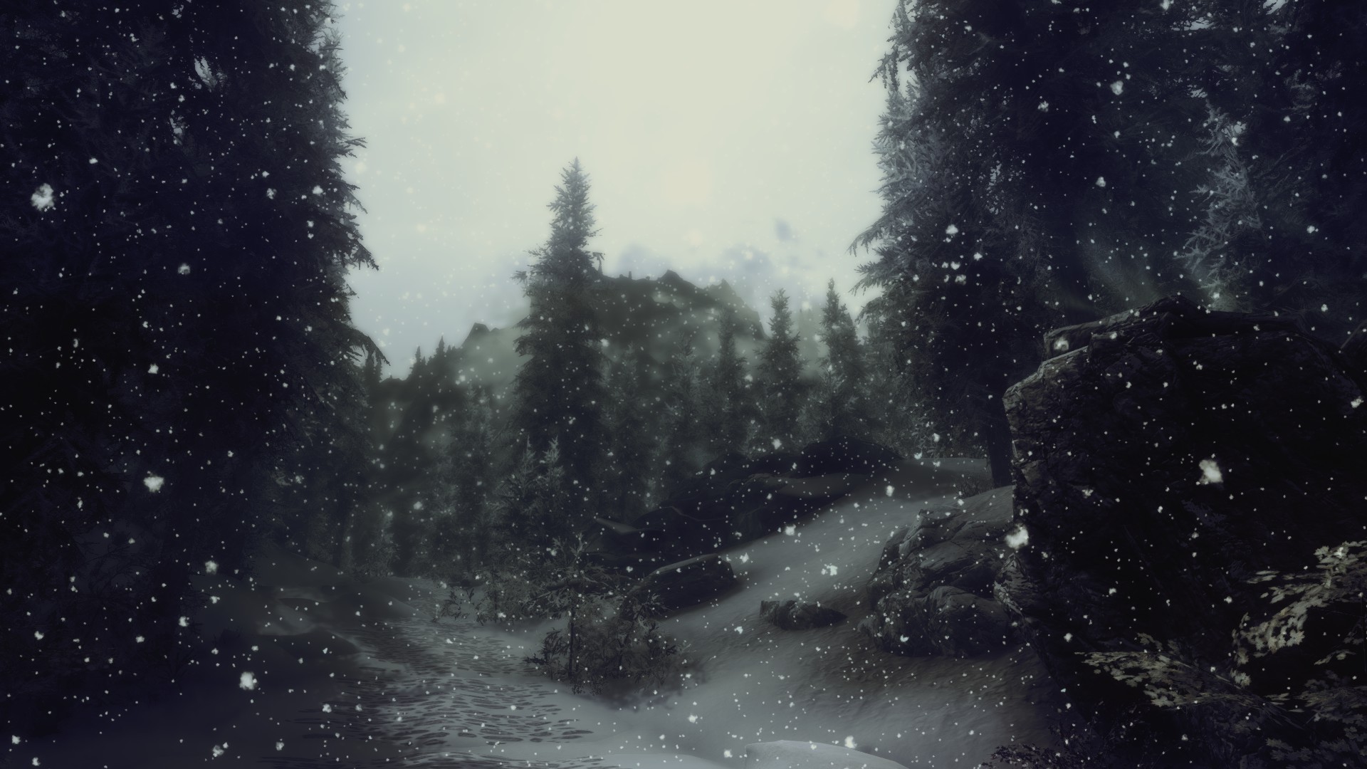 Artwork Nature Snow Trees The Elder Scrolls V Skyrim Video Games Sky Forest Clearing Forest Road Win 1920x1080