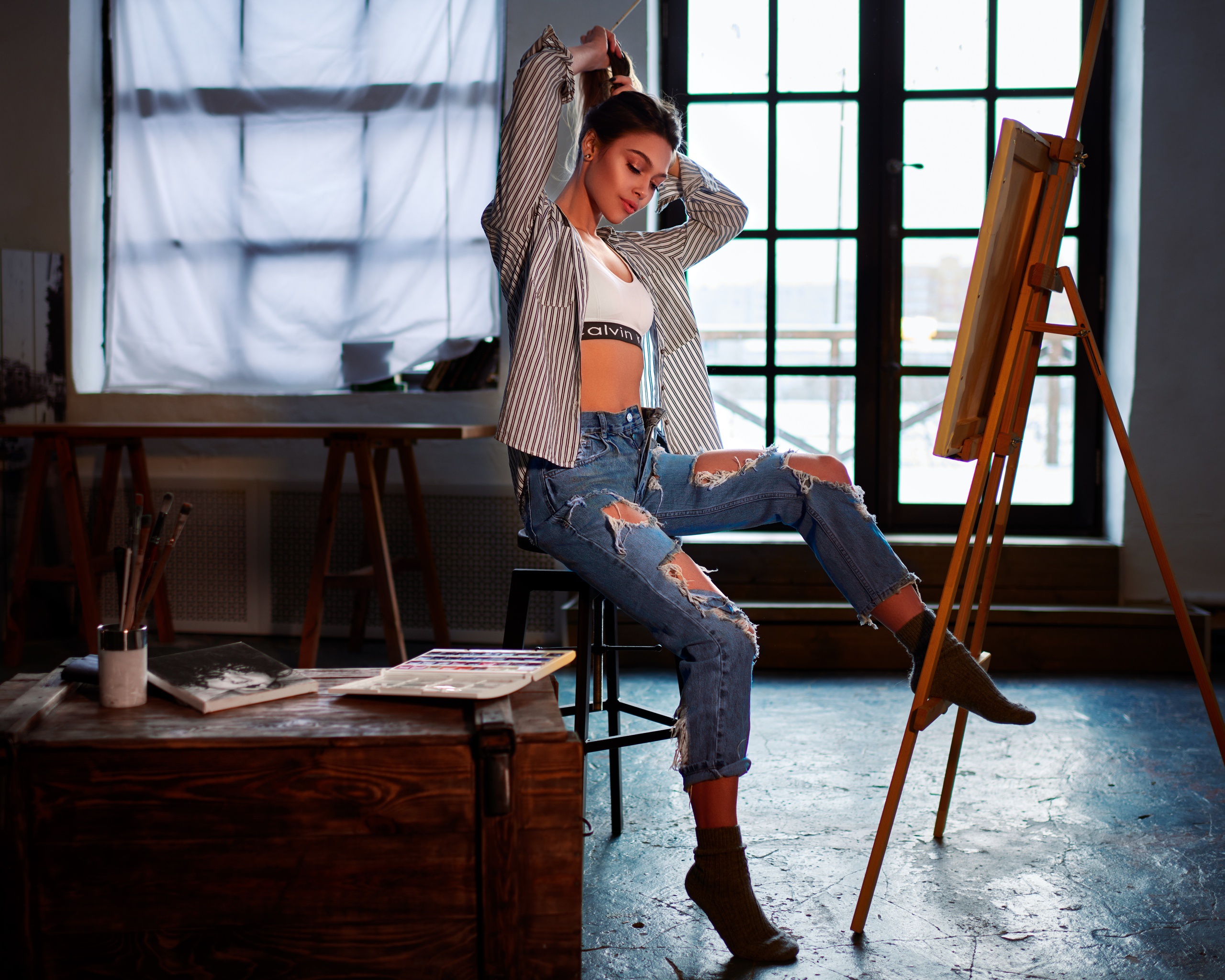 Sergey Olshevsky Anastasia Lukina Torn Jeans Women Model Women Indoors Jeans Ripped Clothes 2560x2048