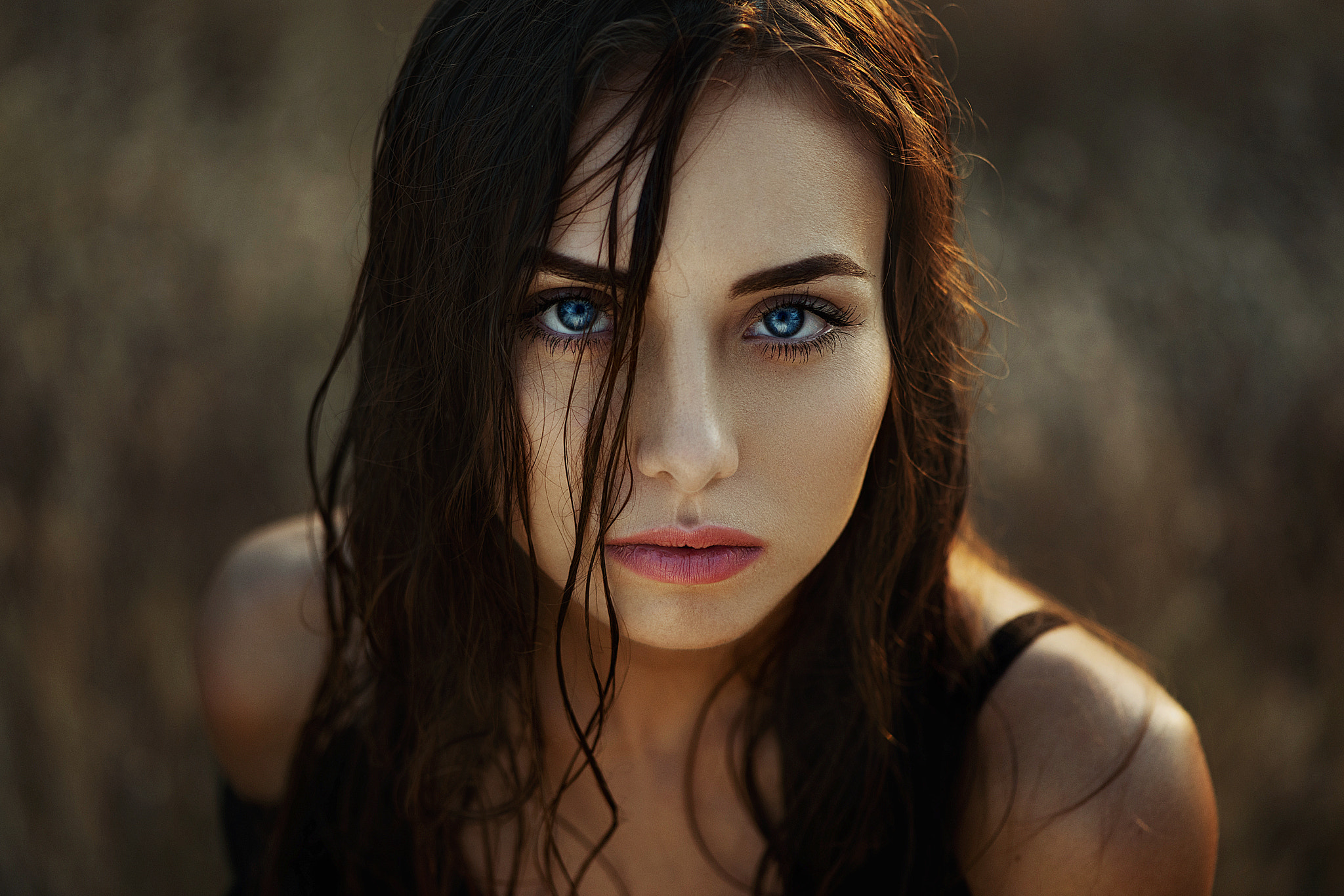 Women Face Portrait Blue Eyes Bare Shoulders Hair In Face Ann Nevreva 2048x1366