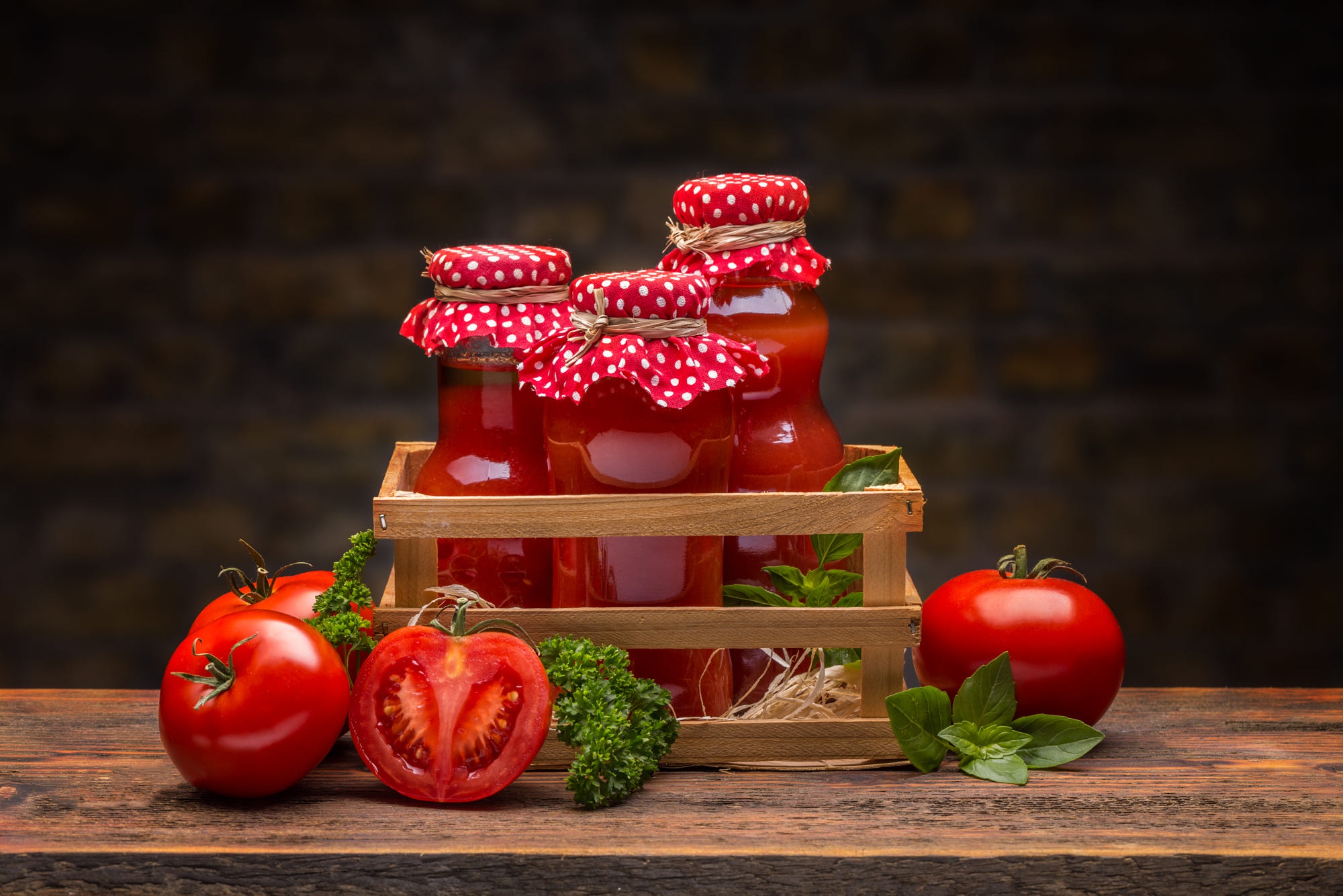 Food Tomatoes Basil Wooden Surface 2000x1334