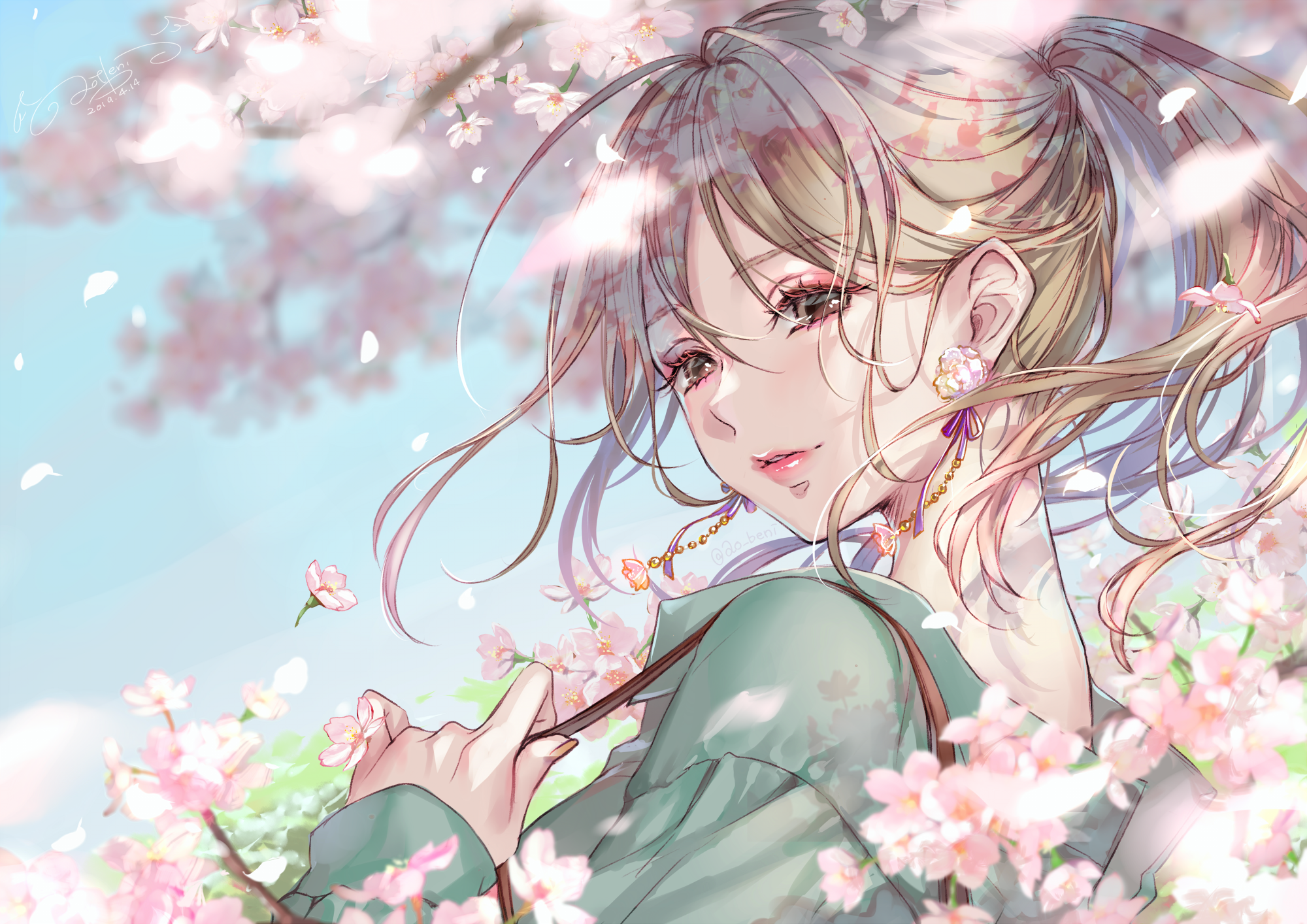 Anime Girls Original Characters Blonde Ponytail Looking At Viewer Portrait Bokeh Cherry Blossom Spri 2000x1414