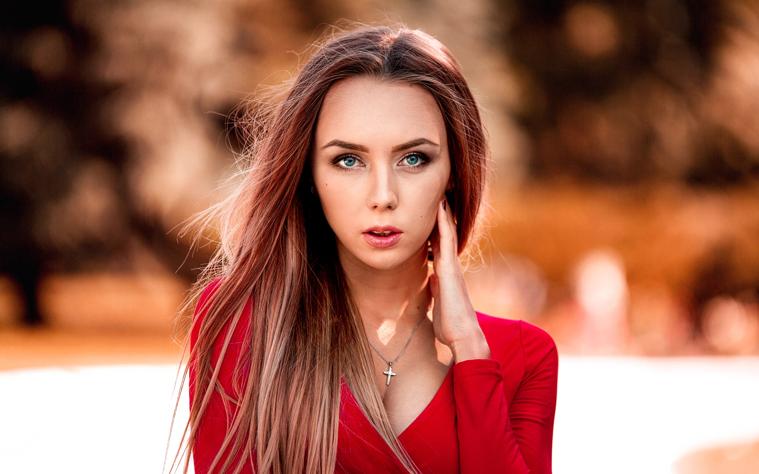 Aleksandr Suhar Women Model Portrait Outdoors Depth Of Field Looking At Viewer Face Blue Eyes Touchi 2560x1600