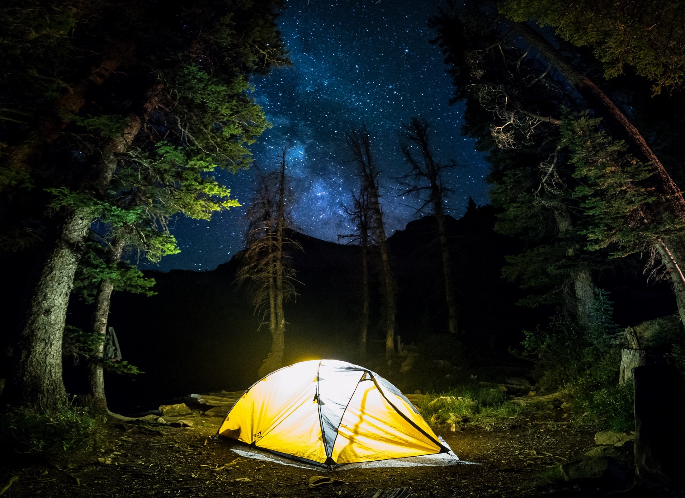 Nature Landscape Camping Forest Starry Night Milky Way Trees Long Exposure Lights Mountains Shrubs B 2200x1600