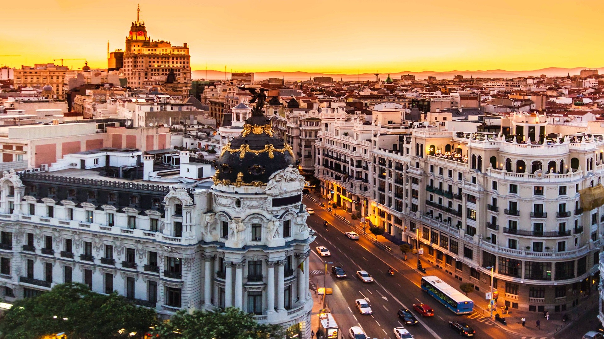 City Cityscape Sunset Road Car Architecture Madrid Spain Europe Street Urban Building 1920x1080