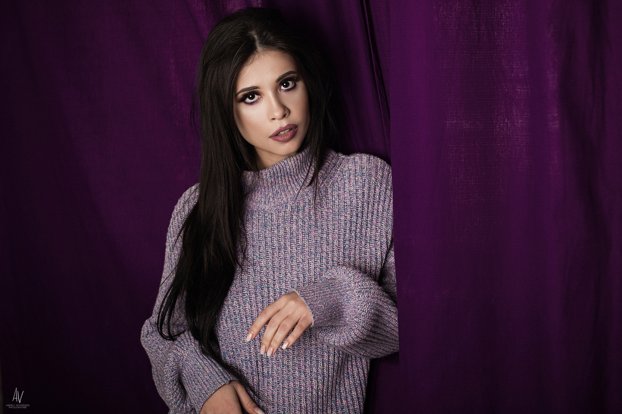 Women Eyeliner Portrait Sweater Pink Lipstick Long Hair Andrey Vechkenzin Purple Background Dark Hai 2048x1365