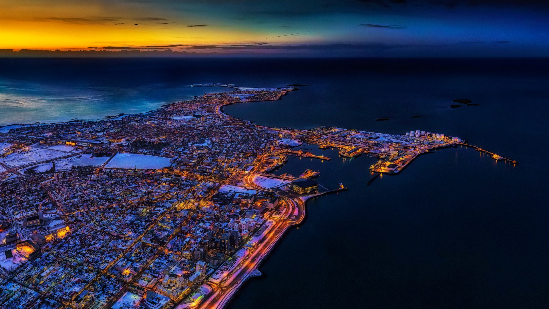 Architecture Building City Cityscape Sea Iceland Reykjavik Sunset Capital Aerial View Evening Clouds 1920x1080