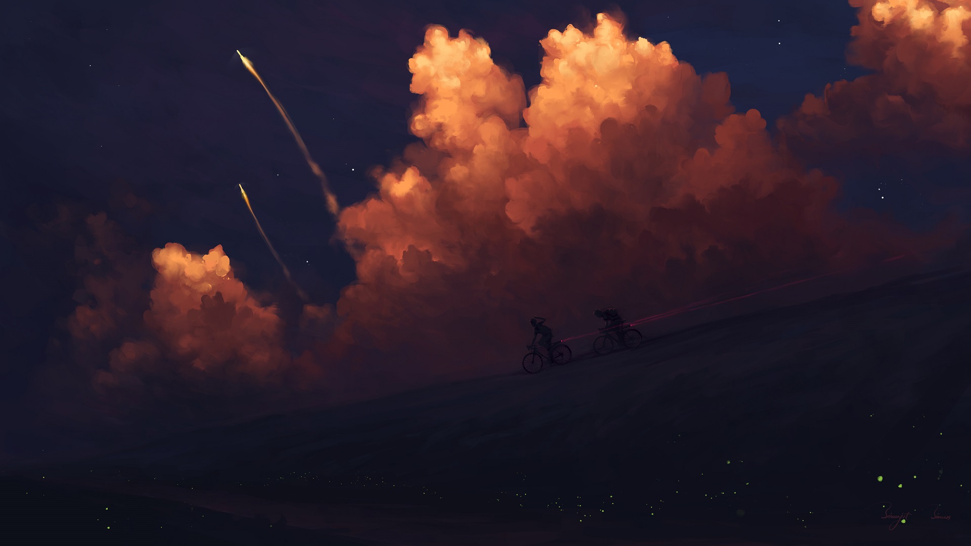 BisBiswas Rocket Sunset Clouds Hill Bikes Fireflies Artwork 1920x1080