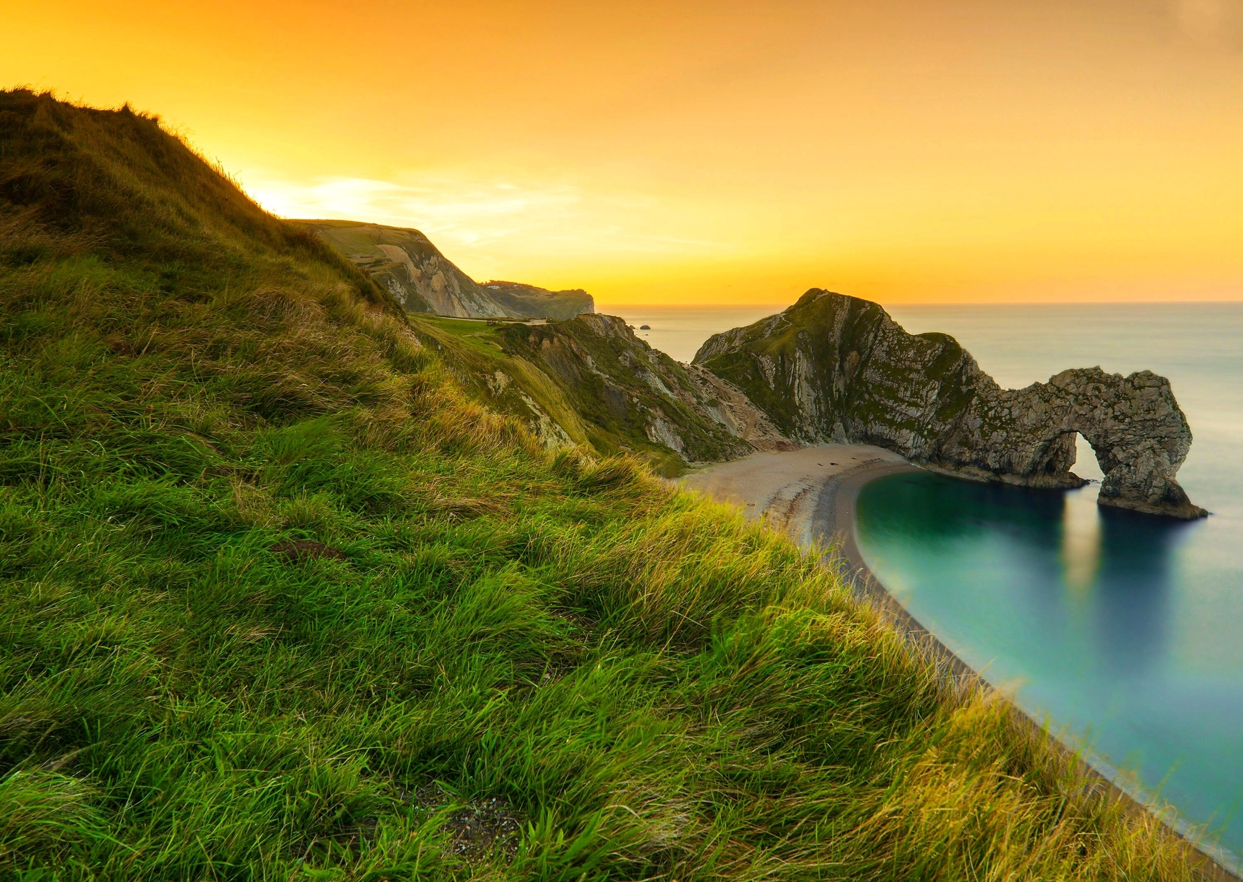 Earth Durdle Door England Dorset Ocean Sea Rock Grass 2560x1816