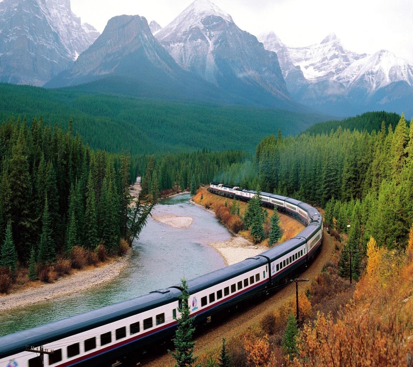Train Rocky Mountains Canada Landscape River 1440x1280