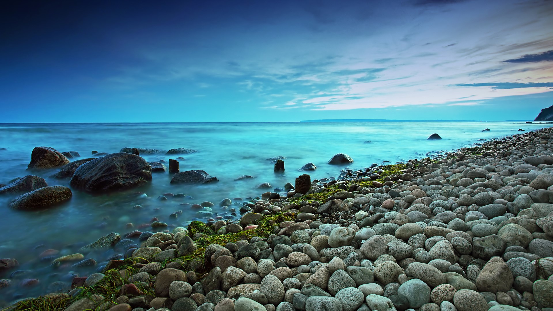 Nature Landscape Clouds Sky Clear Sky Rocks Long Exposure Horizon Beach Baltic Sea Germany 1920x1080