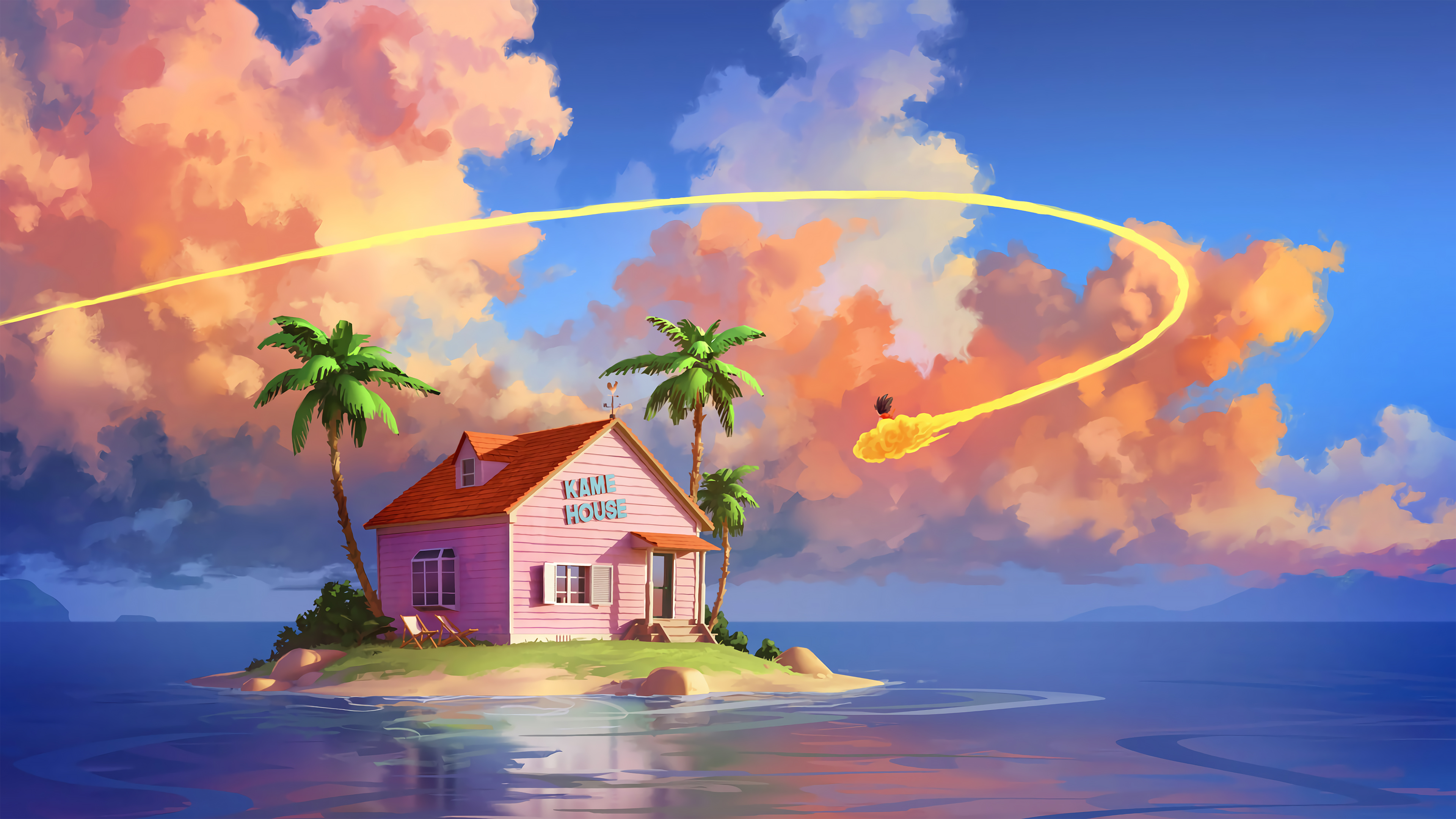 Digital Art Son Goku Dragon Ball Island Anime Clouds Sea Palm Trees House Water Sylvain Sarrailh 3840x2160