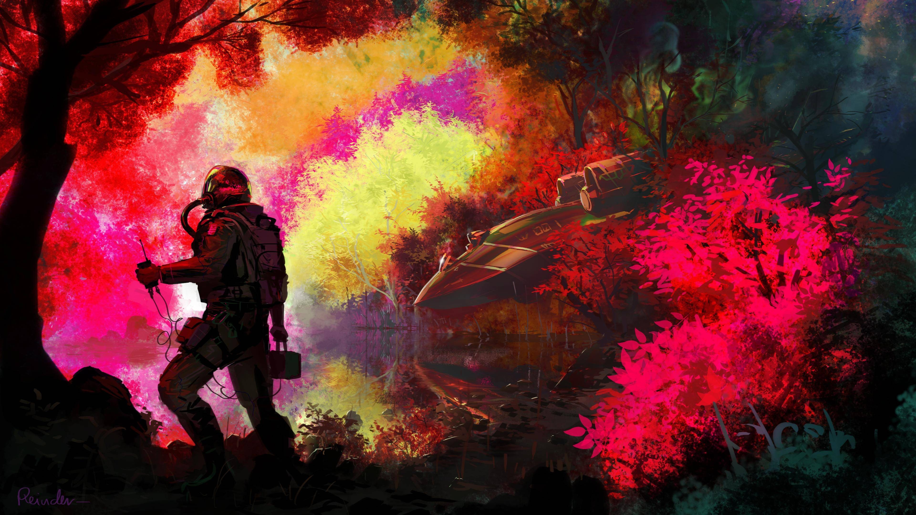 Astronaut Spaceship Lake Colorful Reflection Military Aircraft Trees Artwork Fantasy Art Spacesuit S 3840x2160