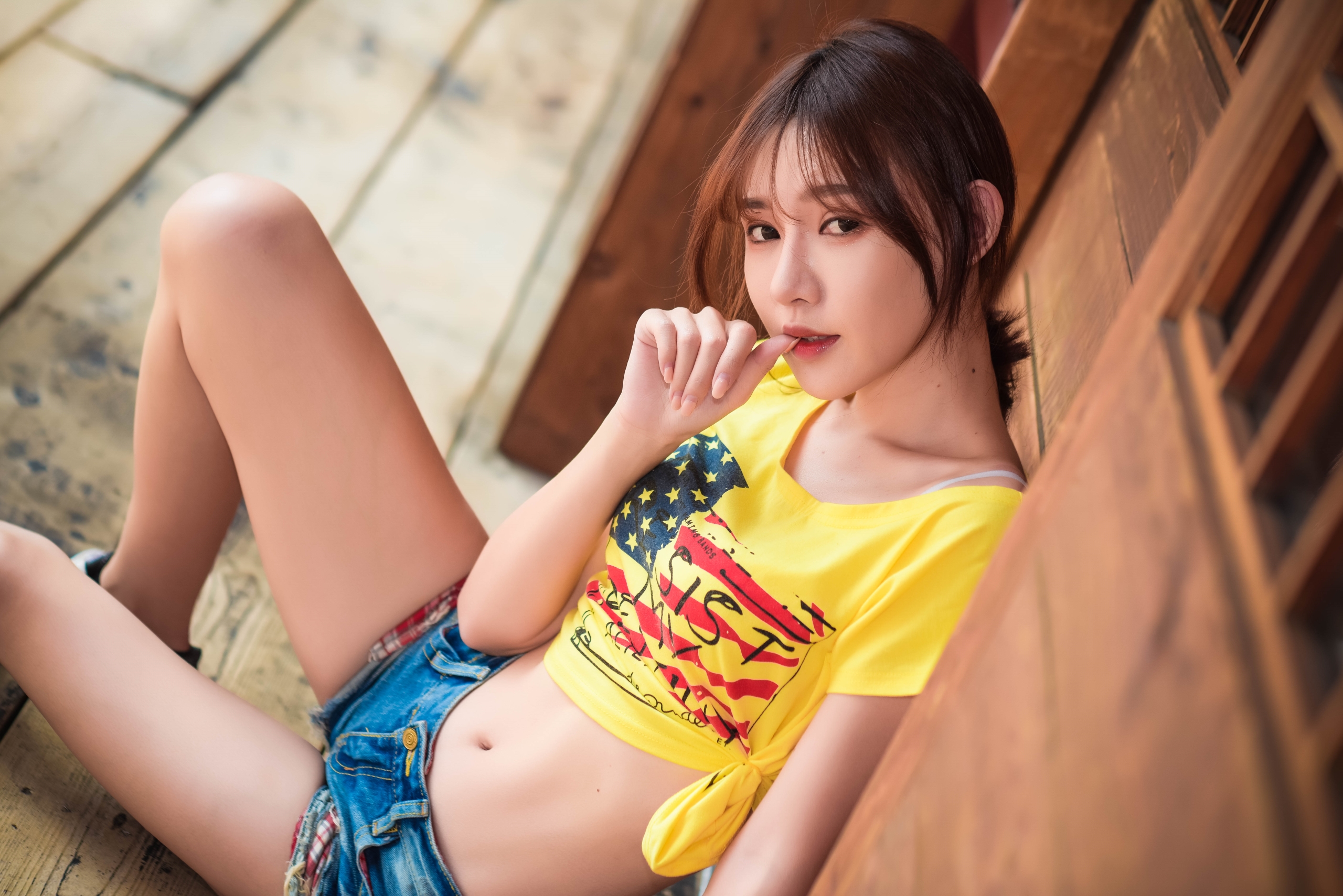 Women Model Asian Brunette Ponytail Looking At Viewer Finger On Lips T Shirt Yellow T Shirt Denim Wo 2560x1709