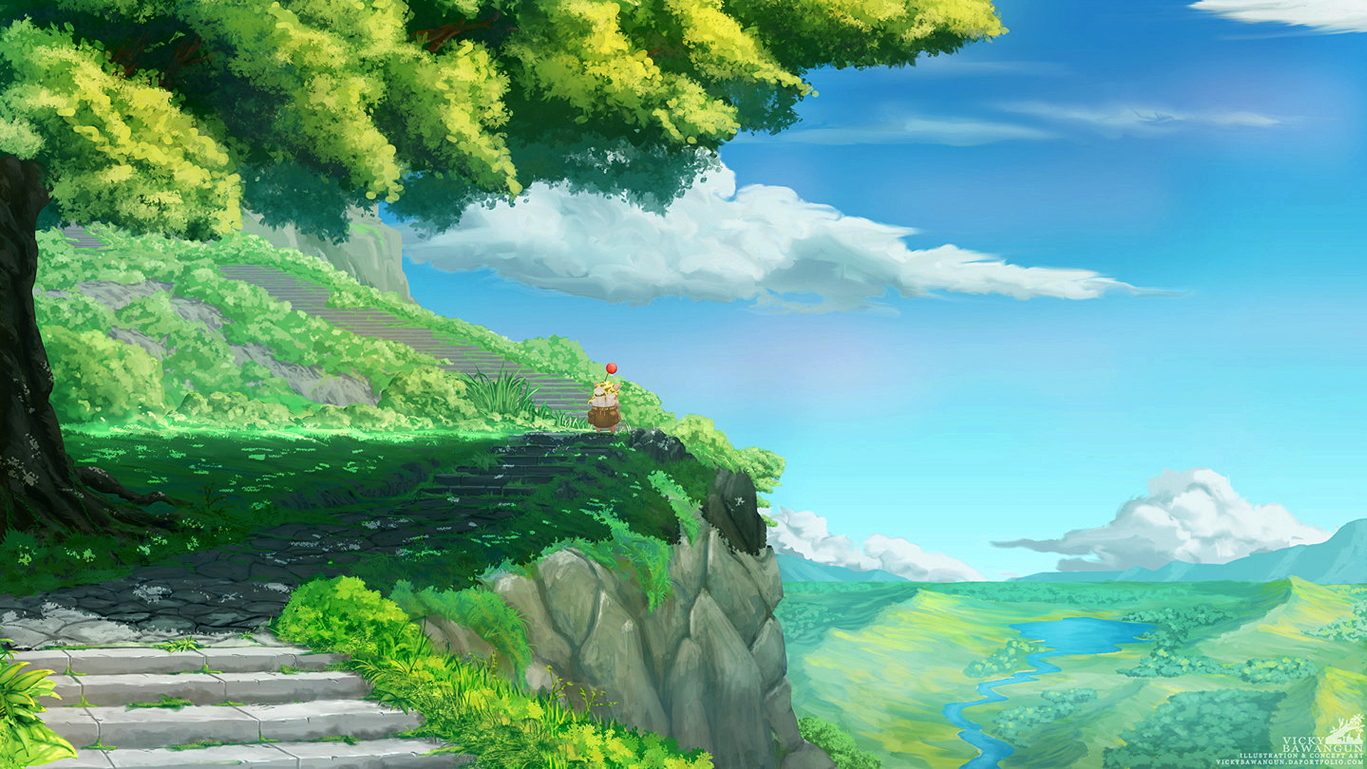 Final Fantasy IX Stiltzkin Moogle Landscape Fantasy Art Trees River Sky Stairs Clouds Squaresoft Nat 1920x1080